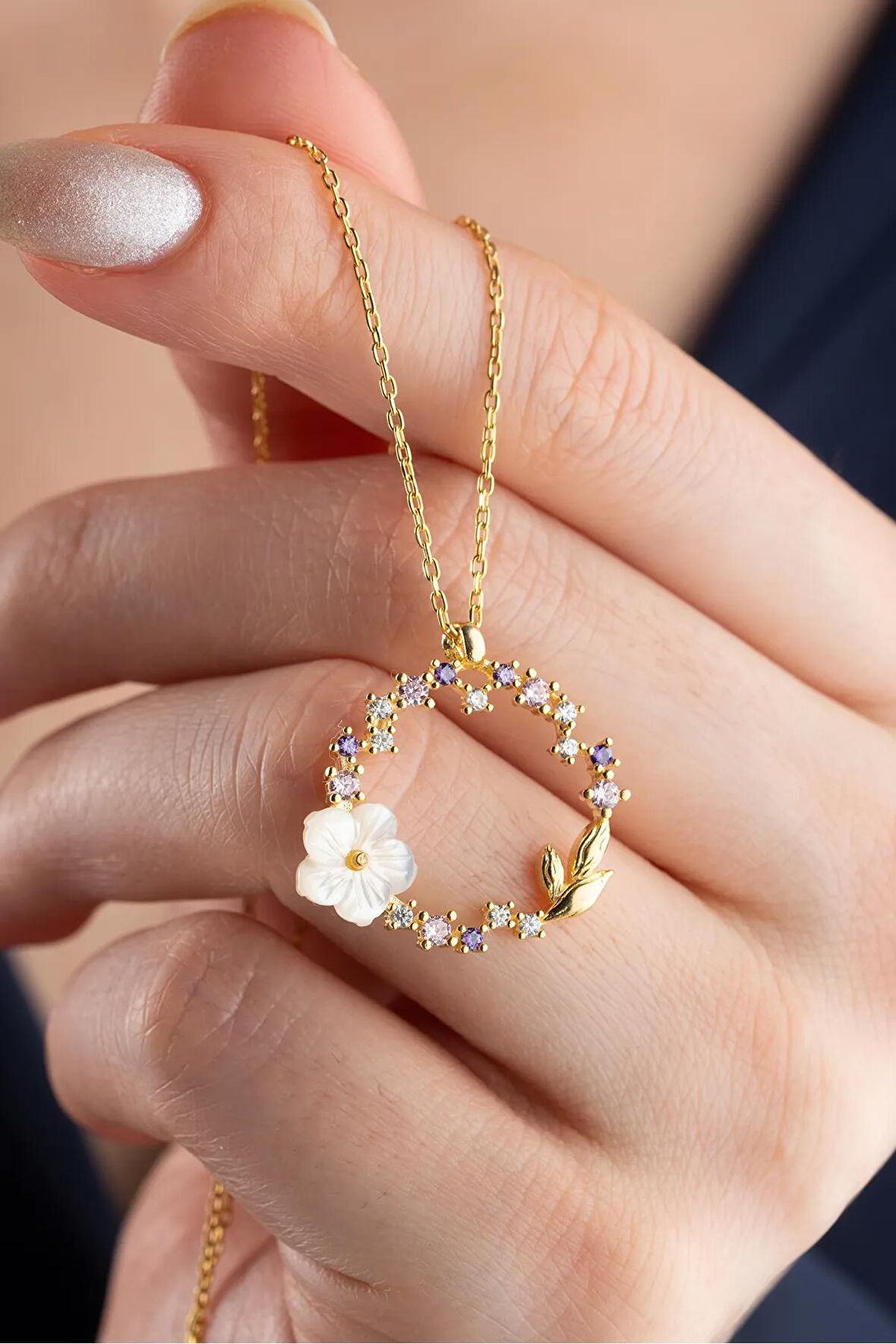 925 Ayar Gümüş Gold Sedefli Çiçek Kolye