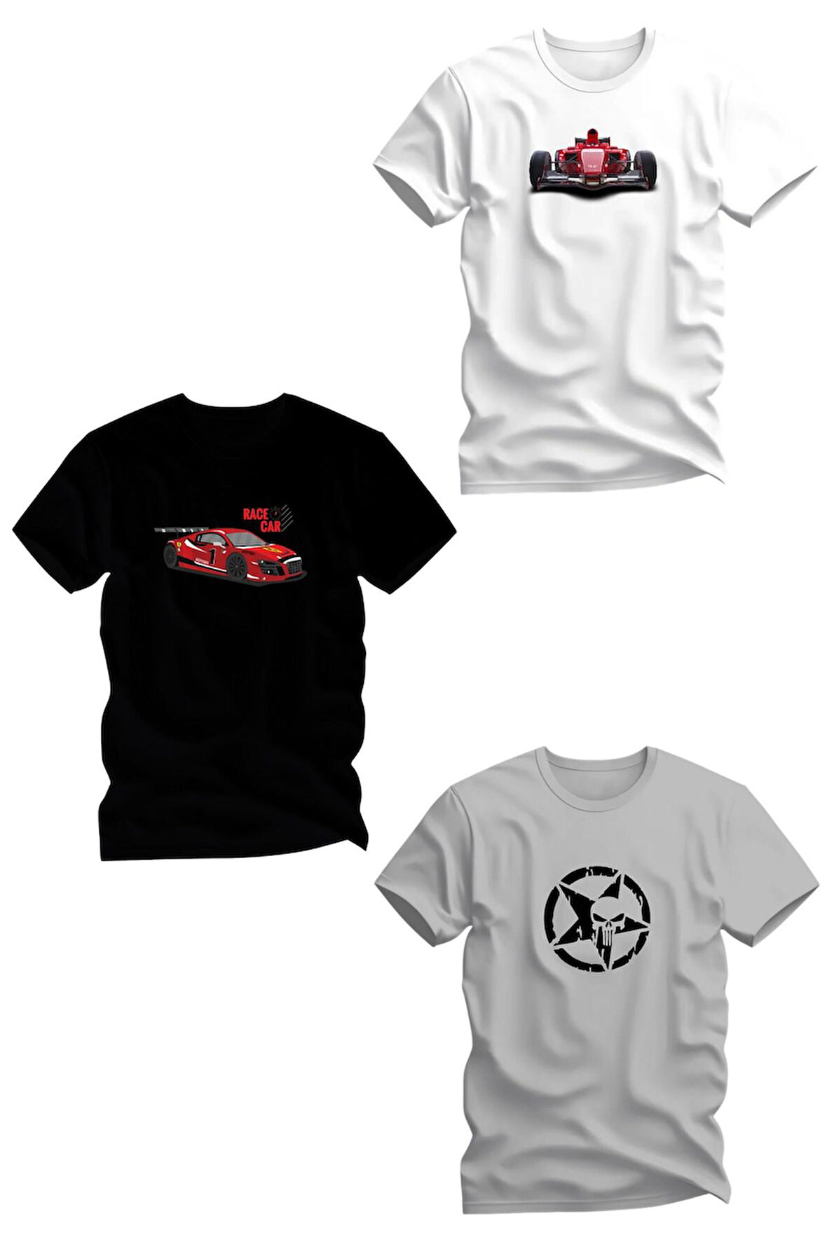 Üçlü Baskılı Penye Erkek Çocuk Beyaz Siyah Gri Tshirt 5 6 7 8 9 10 11 12 13 14 formula punisher wrc