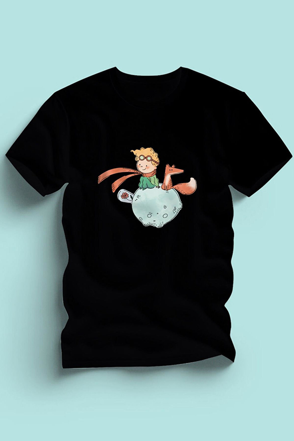 Kaliteli Penye Kız Çocuk Baskılı Siyah Tshirt 5 6 7 8 9 10 11 12 13 14 yaş Kucuk Prens Petit Prince