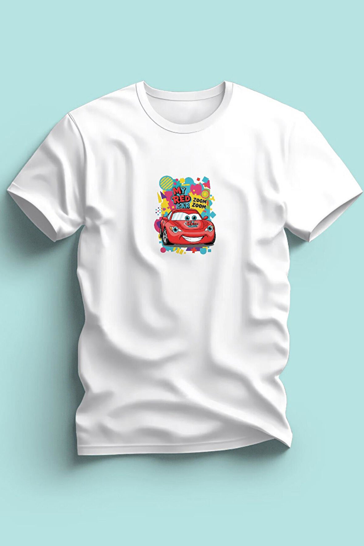 Maki Home Erkek Çocuk  Kırmızı Araba Baskılı Beyaz Tshirt 5 6 7 8 9 10 11 12 13 14 yaş tişört