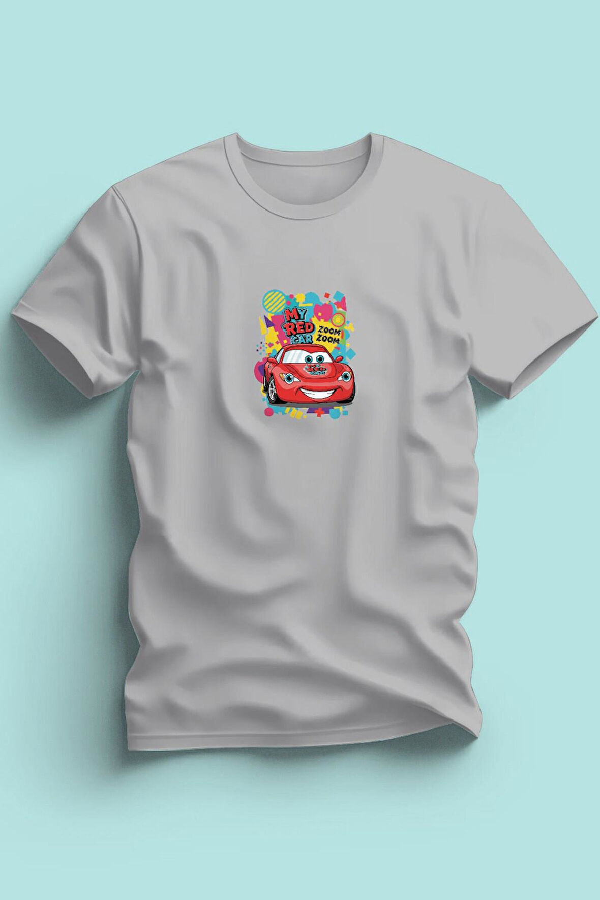Maki Home Erkek Çocuk  Kırmızı Araba Baskılı Gri Tshirt 5 6 7 8 9 10 11 12 13 14 yaş tişört