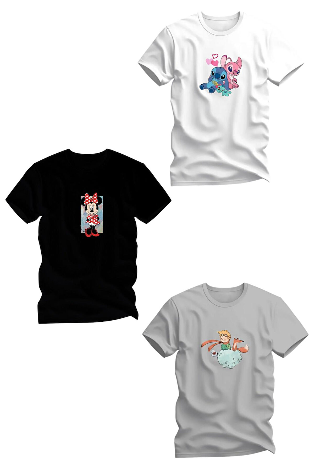 Üçlü Baskılı Penye Kız Çocuk Beyaz Siyah Gri Tshirt 5 6 7 8 9 10 11 12 13 14 yaş mini lilo petit