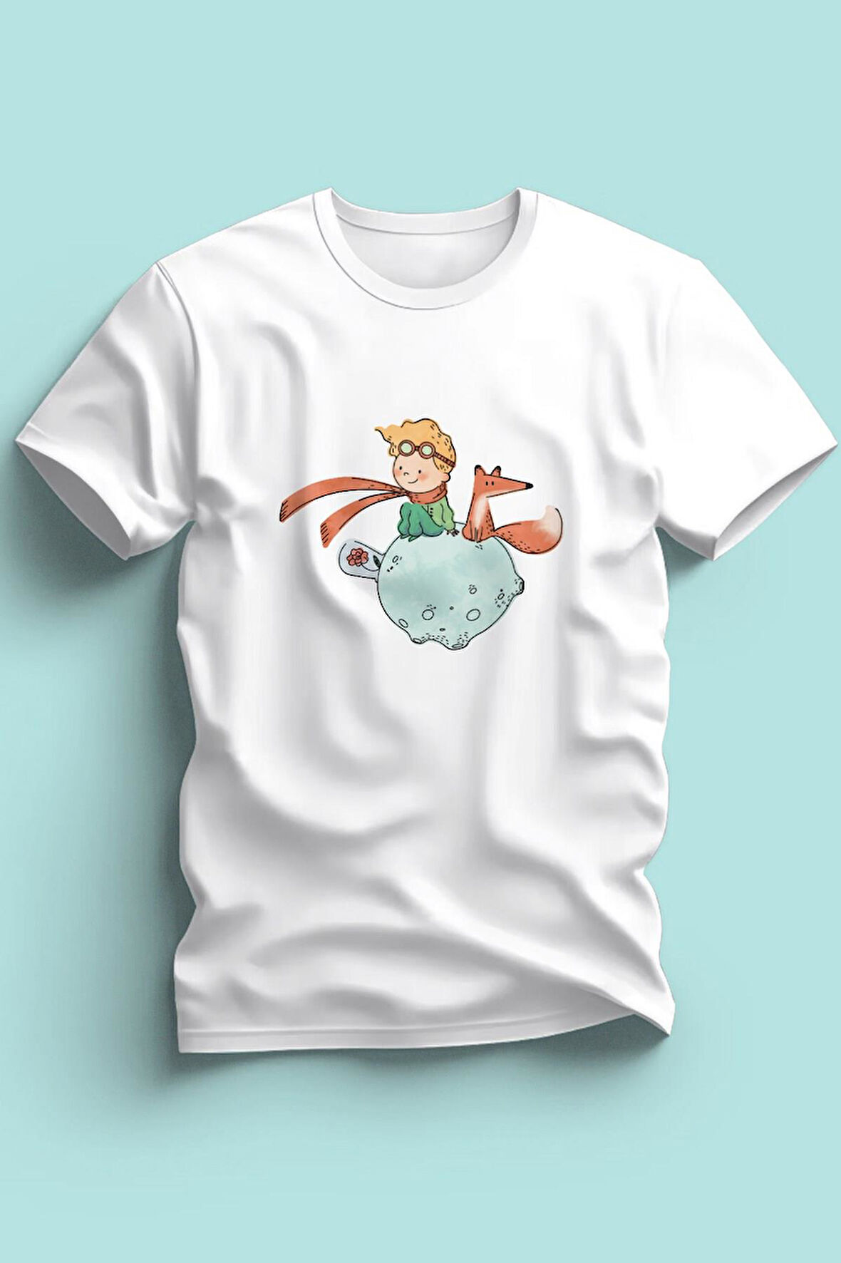 Kaliteli Penye Kız Çocuk Baskılı Beyaz Tshirt 5 6 7 8 9 10 11 12 13 14 yaş Kucuk Prens Petit Prince