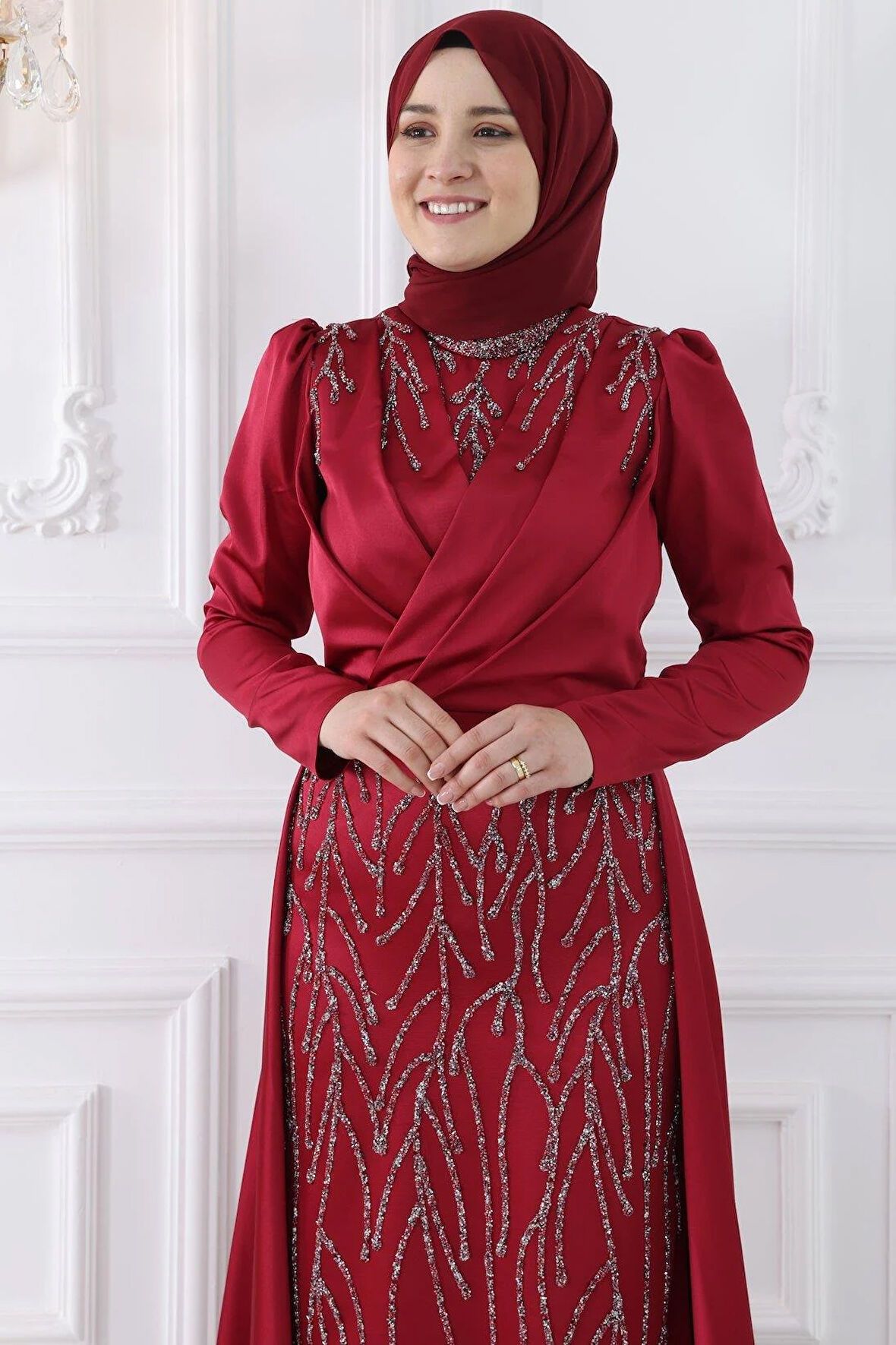 Amine Hüma Nihal Abiye Elbise Bordo