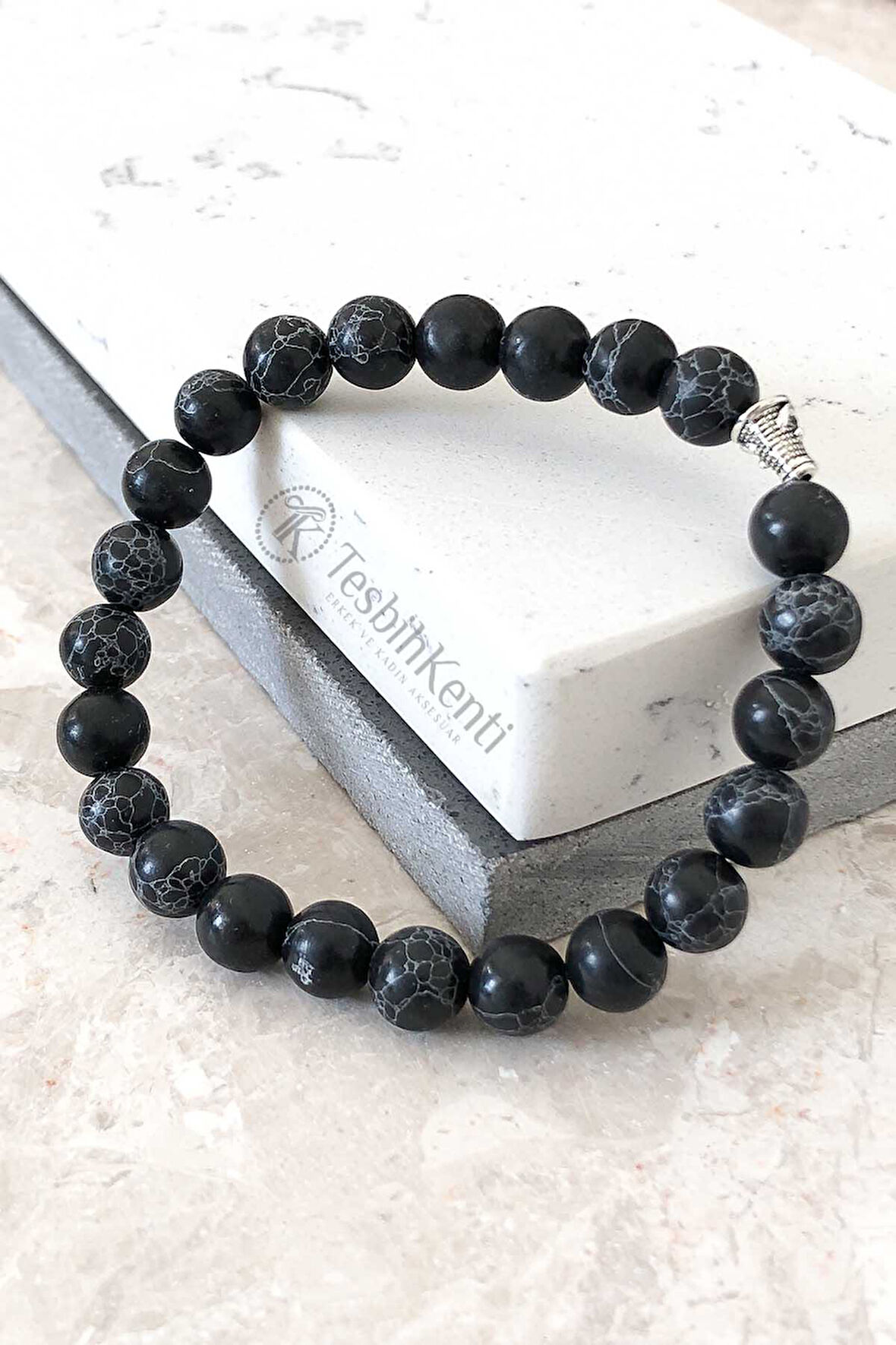 Siyah Beyaz Cizgili Obsidyen Taşı Bileklik