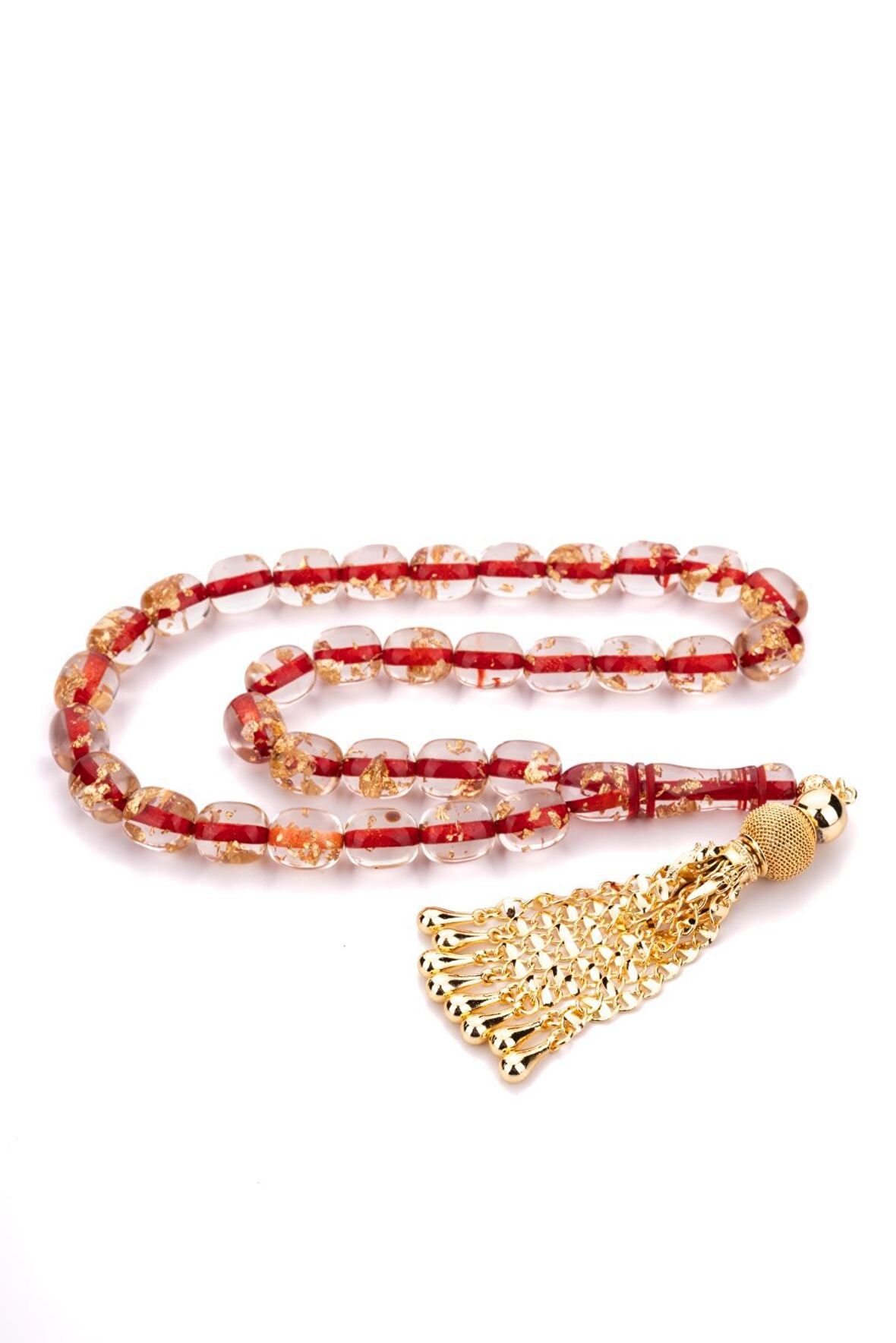 Özel Dizayn Püskül Kırmızı Altın Varaklı Toz Kehribar Tesbih