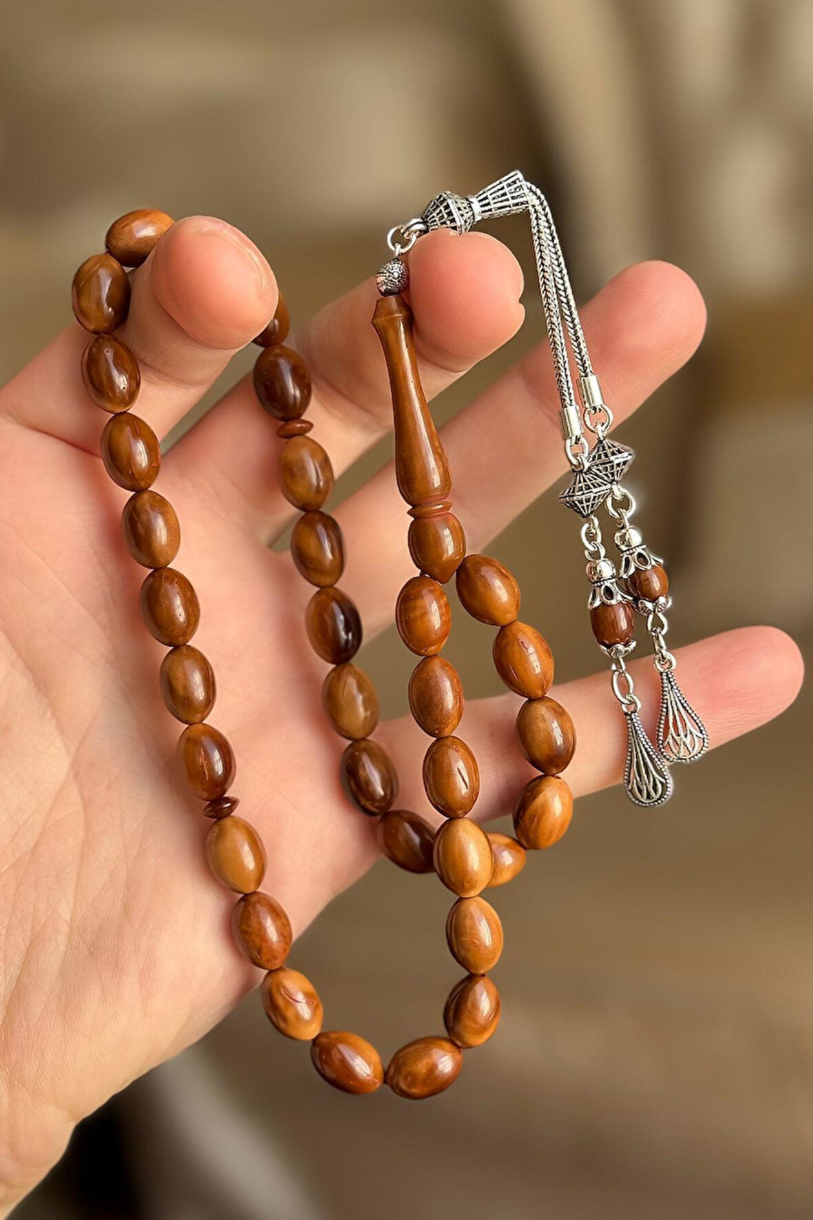 925 Ayar Gümüş Çift Kozalı Kızarmış Kuka Tesbih