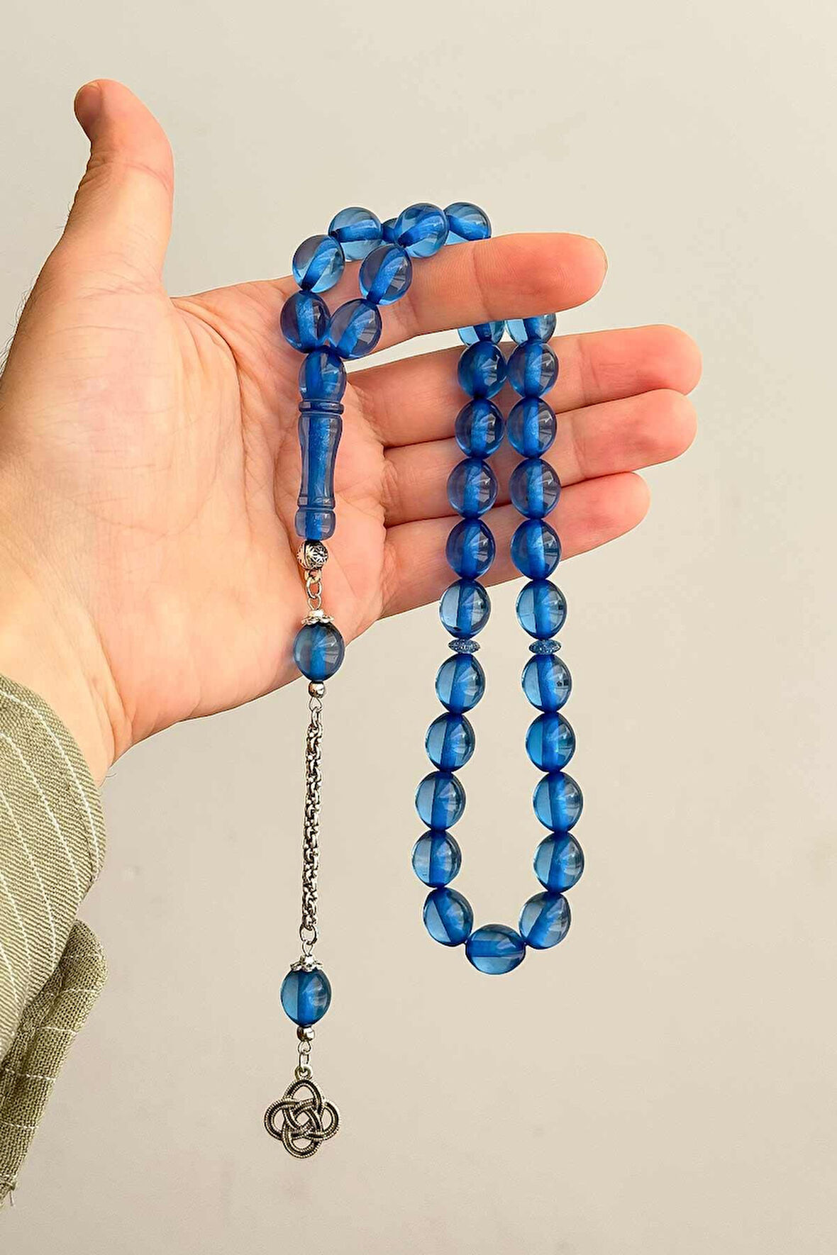 İri Boy Sevenlere Özel Mavi Toz Kehribar Tesbih