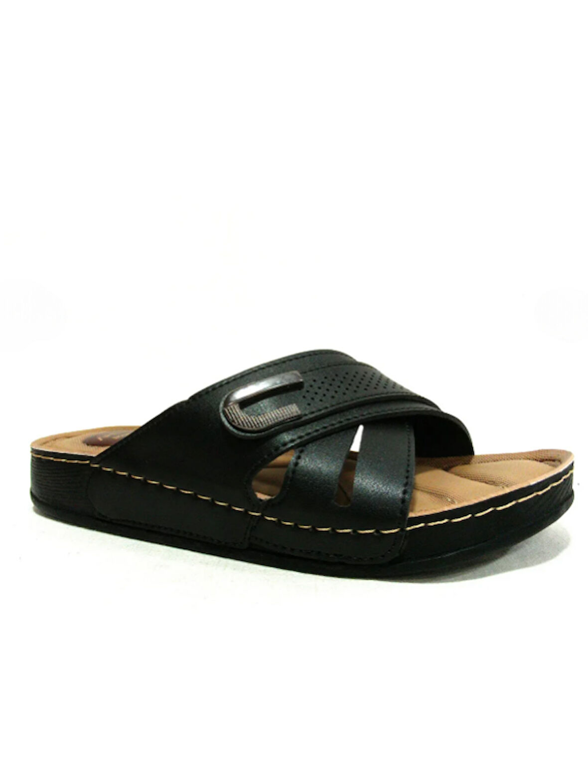 Apella Siyah Tokalı Çapraz Bant Anatomik Comfort Kadın Terlik