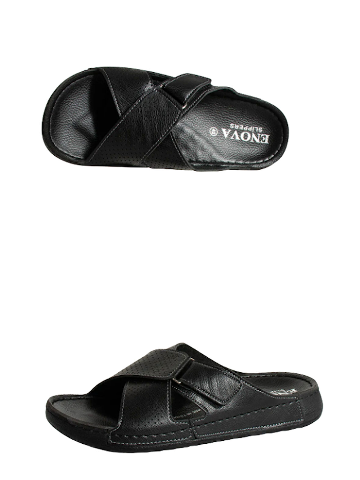 Enova Erkek Suni Deri Ortopedik Rahat Taban Ayarlanabilen Cırtlı Dikişli Şık Ev Dışarı Terliği