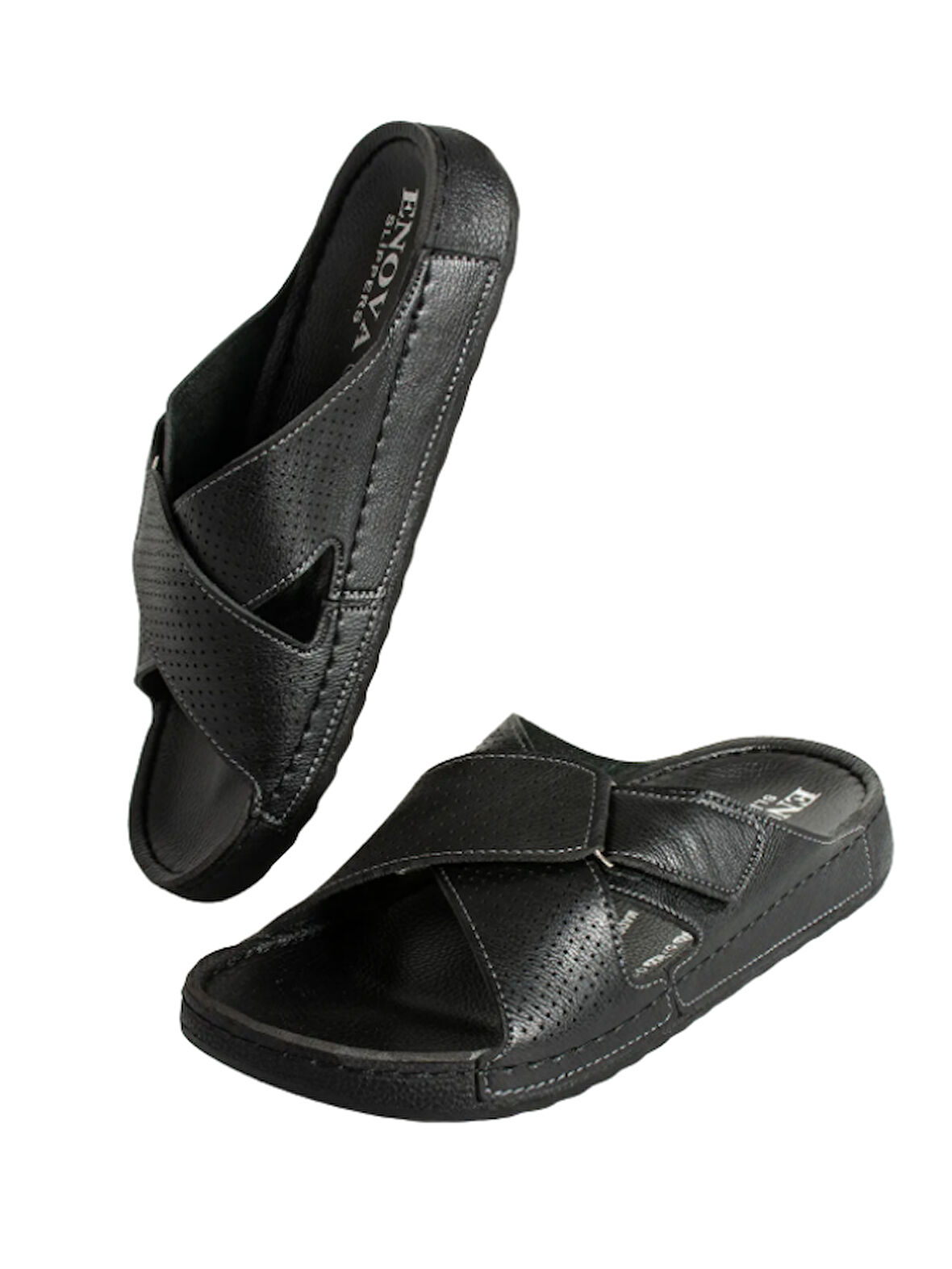 Enova Erkek Suni Deri Ortopedik Rahat Taban Ayarlanabilen Cırtlı Dikişli Şık Ev Dışarı Terliği