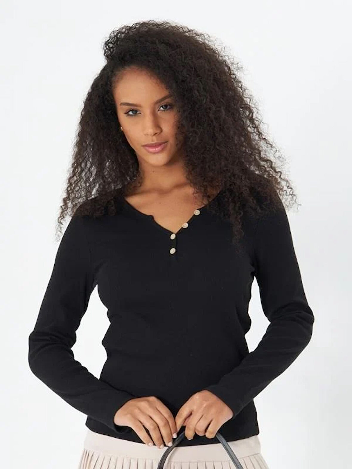 Siyah V Yaka Patlı Düğme Detaylı Uzun Kollu Fitilli Kaşkorse Kadın Bluz- 2459