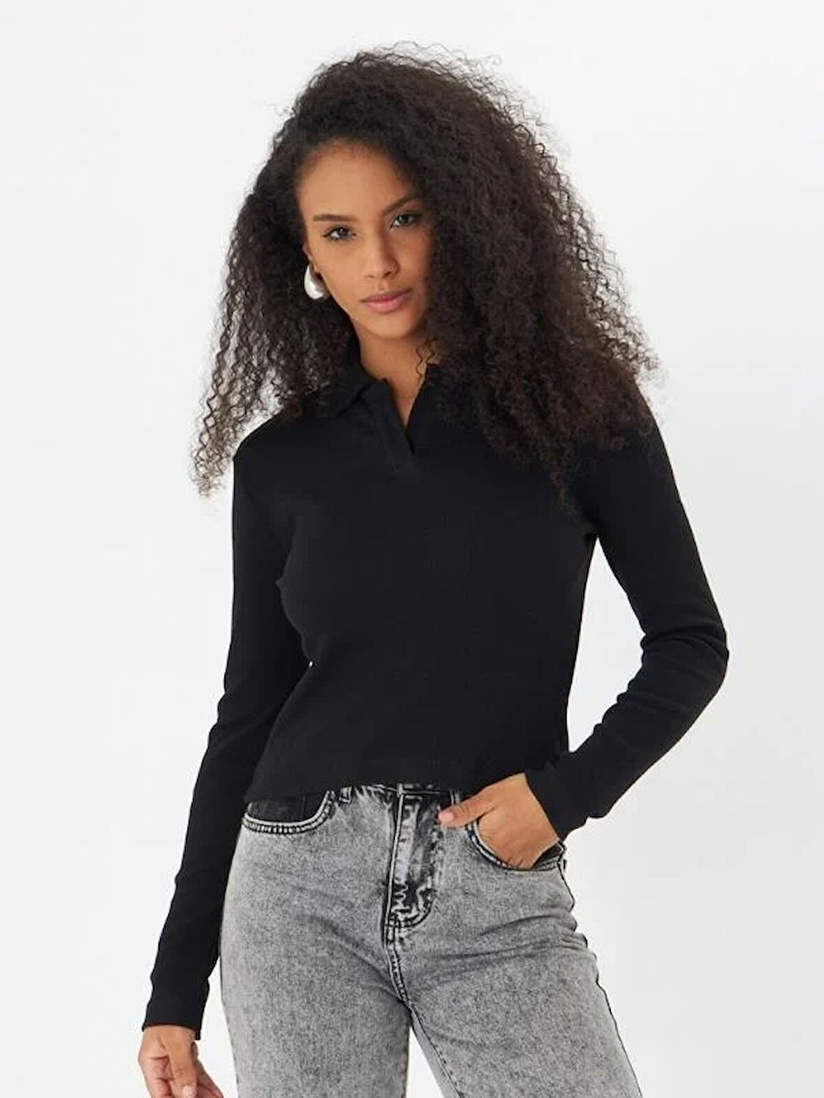 Siyah Polo Yaka Fitilli Uzun Kollu Kaşkorse Kadın Bluz- 2460