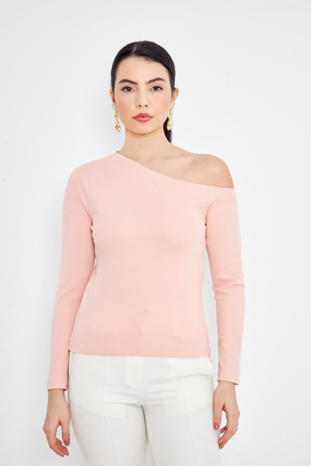  Pembe Asimetrik Yaka Tek Omuz Açık Uzun Kollu Kadın Fit Bluz - 2463