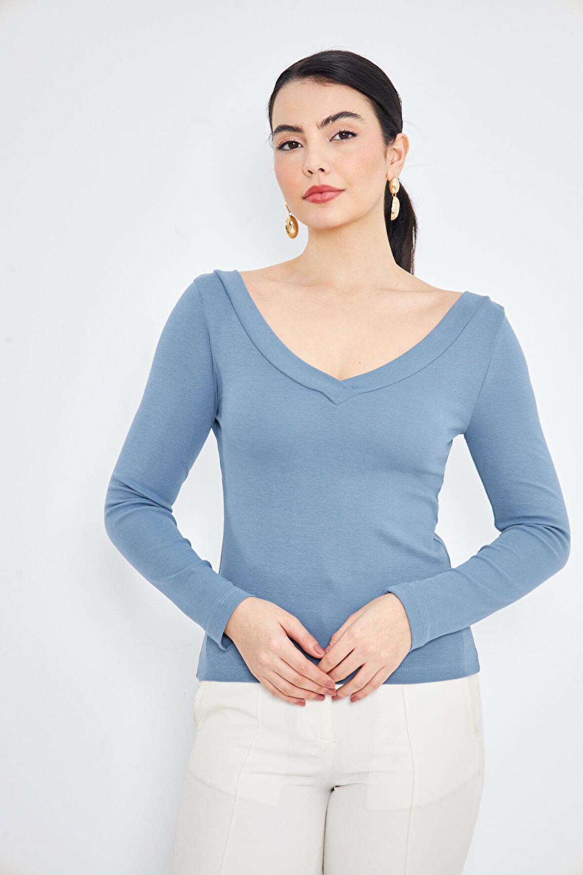 Mavi Kadın Derin V Yaka Uzun Kollu Fit Kesim Bluz - 2465