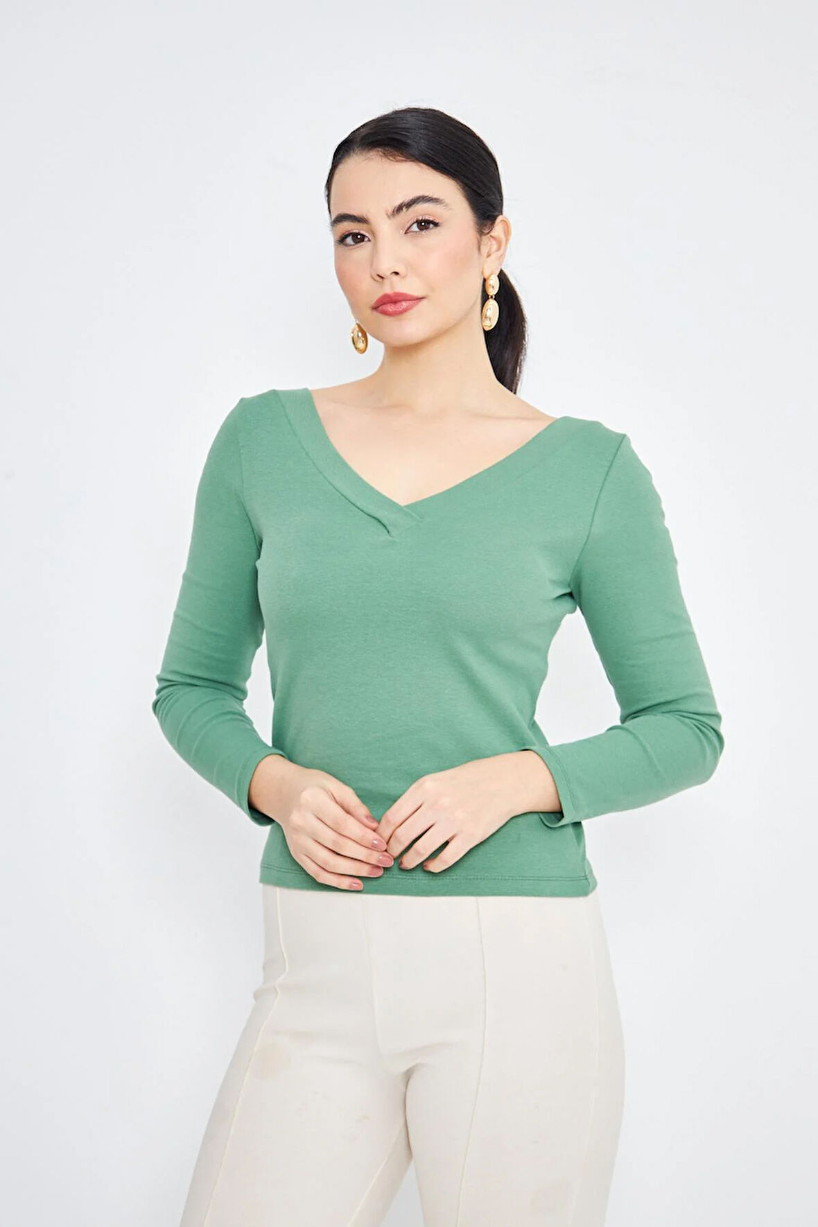 Yeşil Kadın Derin V Yaka Uzun Kollu Fit Kesim Bluz - 2465