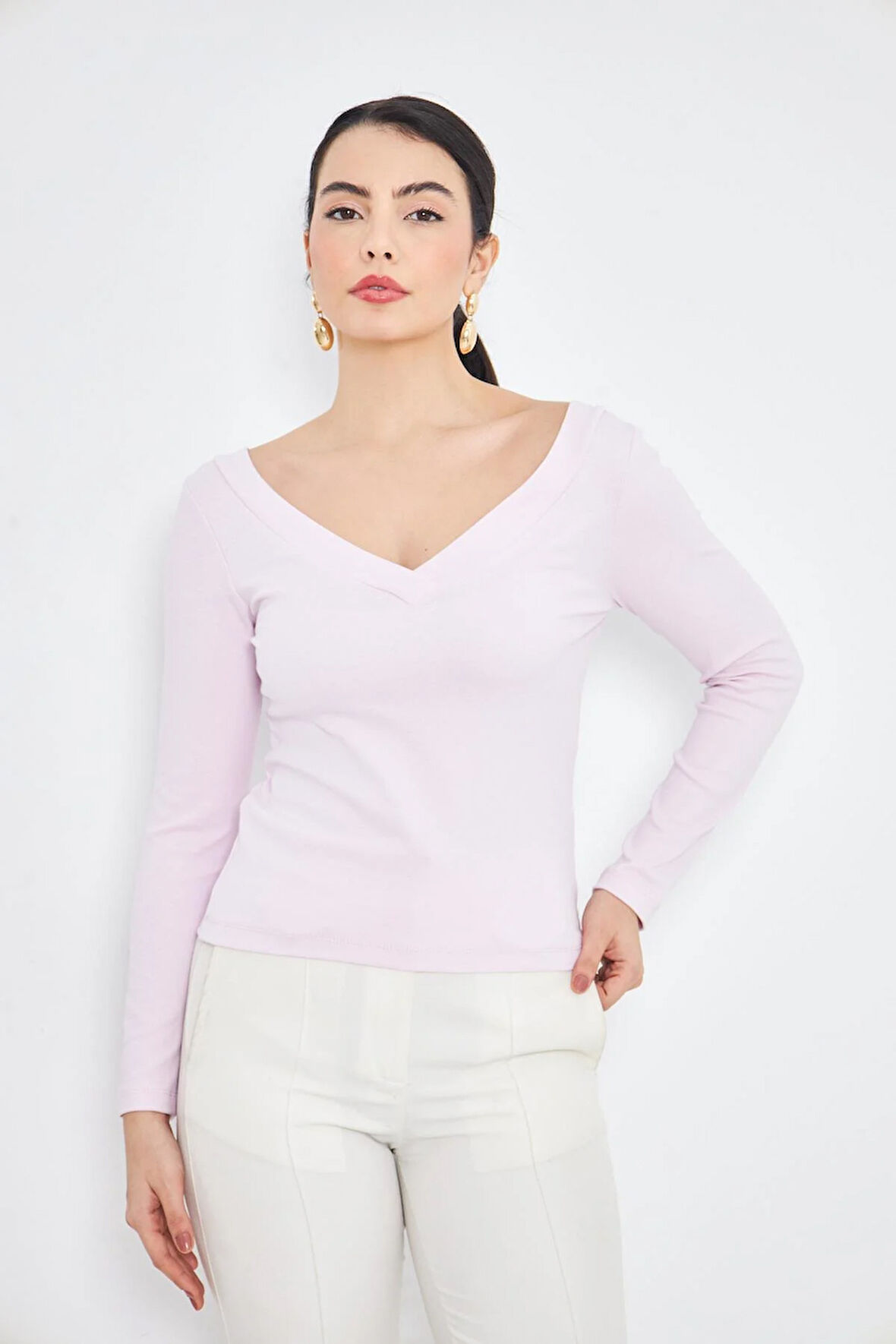 Pudra Kadın Derin V Yaka Uzun Kollu Fit Kesim Bluz - 2465