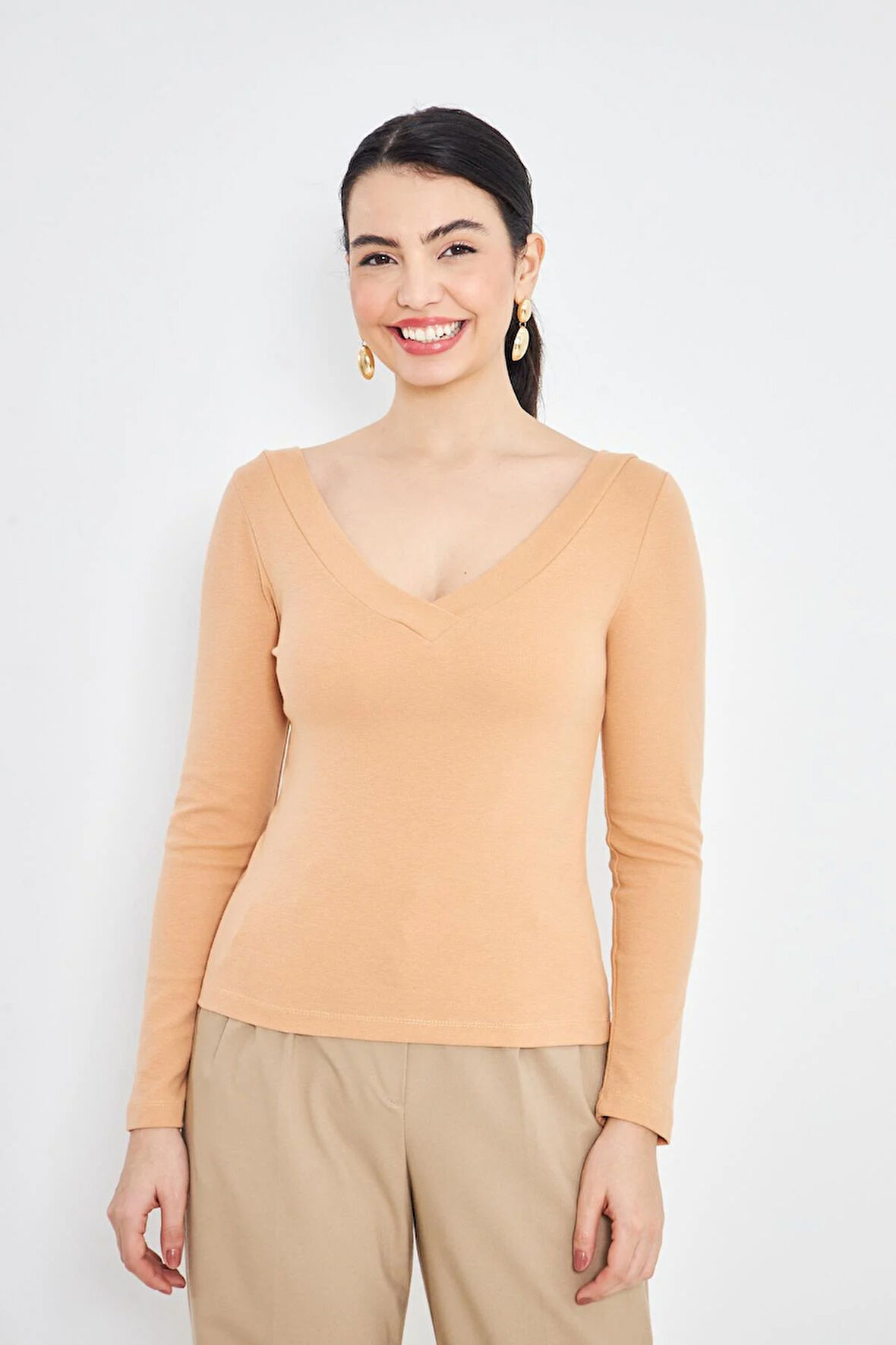 Somon Kadın Derin V Yaka Uzun Kollu Fit Kesim Bluz - 2465