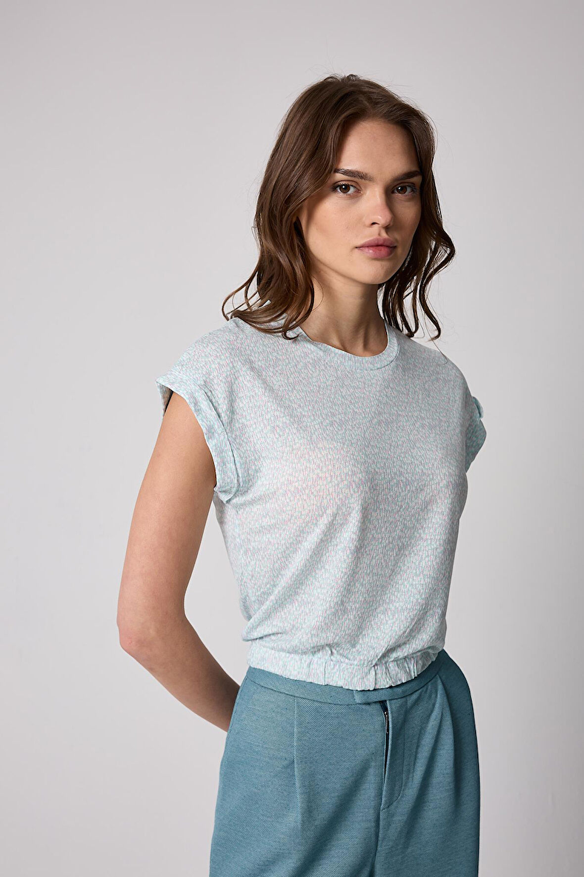 Kadın T-Shirt Beli Lastikli Duble Kol Bisiklet Yaka Desenli Mint Yeşili Basic - 2501