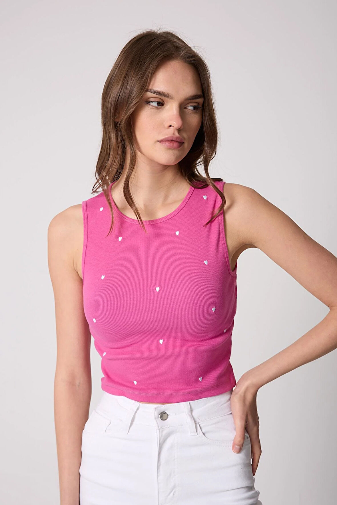 Kadın Crop Atlet Fitilli Görünümlü Kalp Nakışlı Pembe - 2506