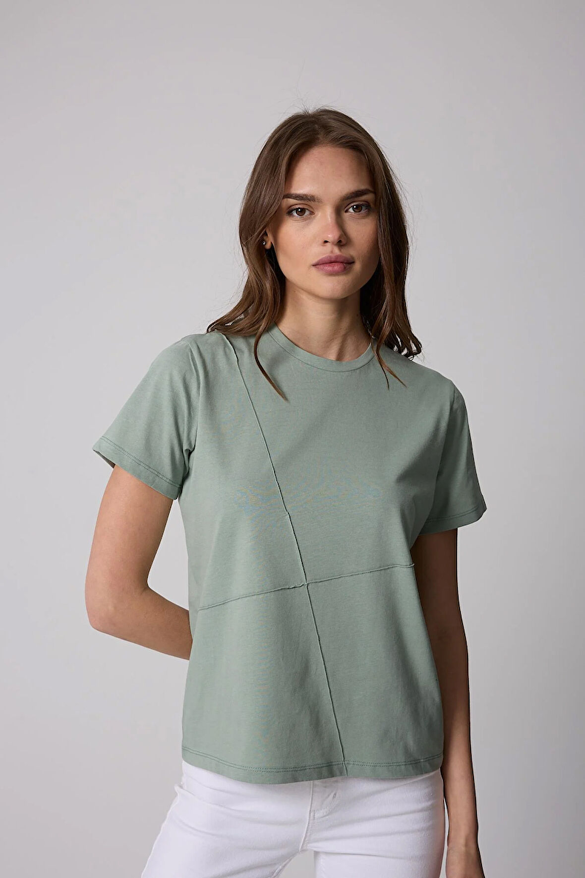 Kadın T-Shirt Su Yeşili Parçalı Dikiş Detaylı Regular Fit Basic - 2509