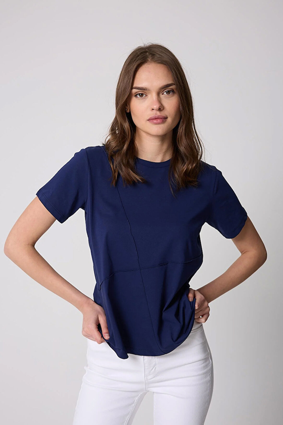 Kadın T-Shirt Lacivert Parçalı Dikiş Detaylı Regular Fit Basic - 2509