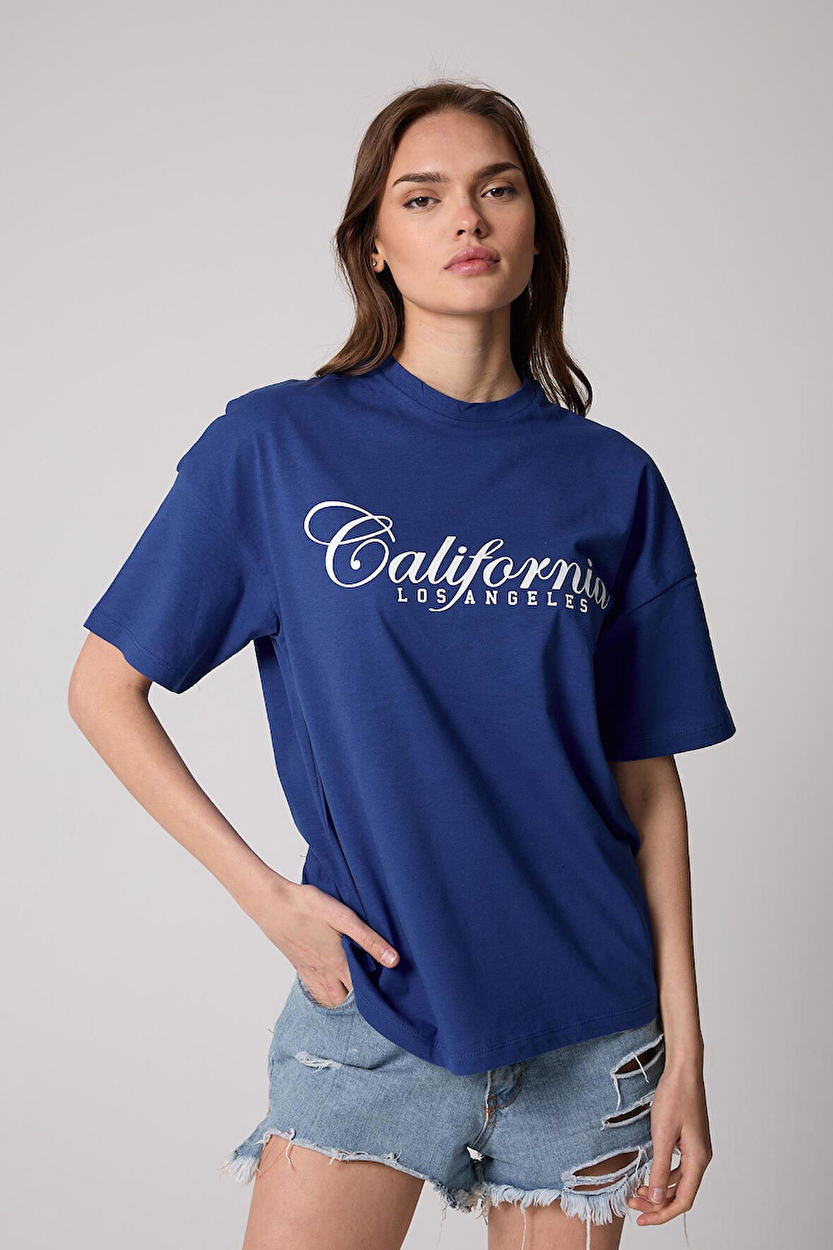 Kadın Saks Mavisi Oversize T-Shirt California Baskılı - 2517