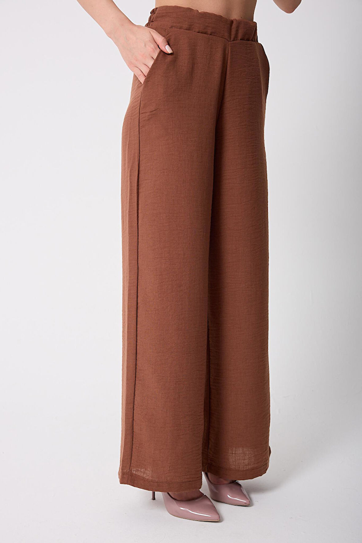 Kadın Kahve Müslin Keten Yüksek Bel Palazzo Pantolon - 2522