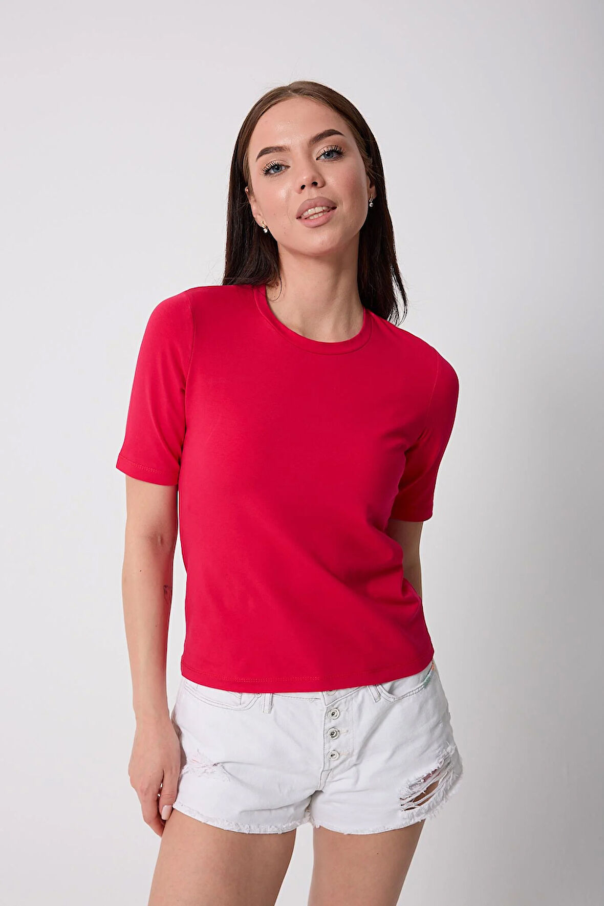 Kadın Bordo Likralı Yarım Kollu Basic T-shirt - 2524