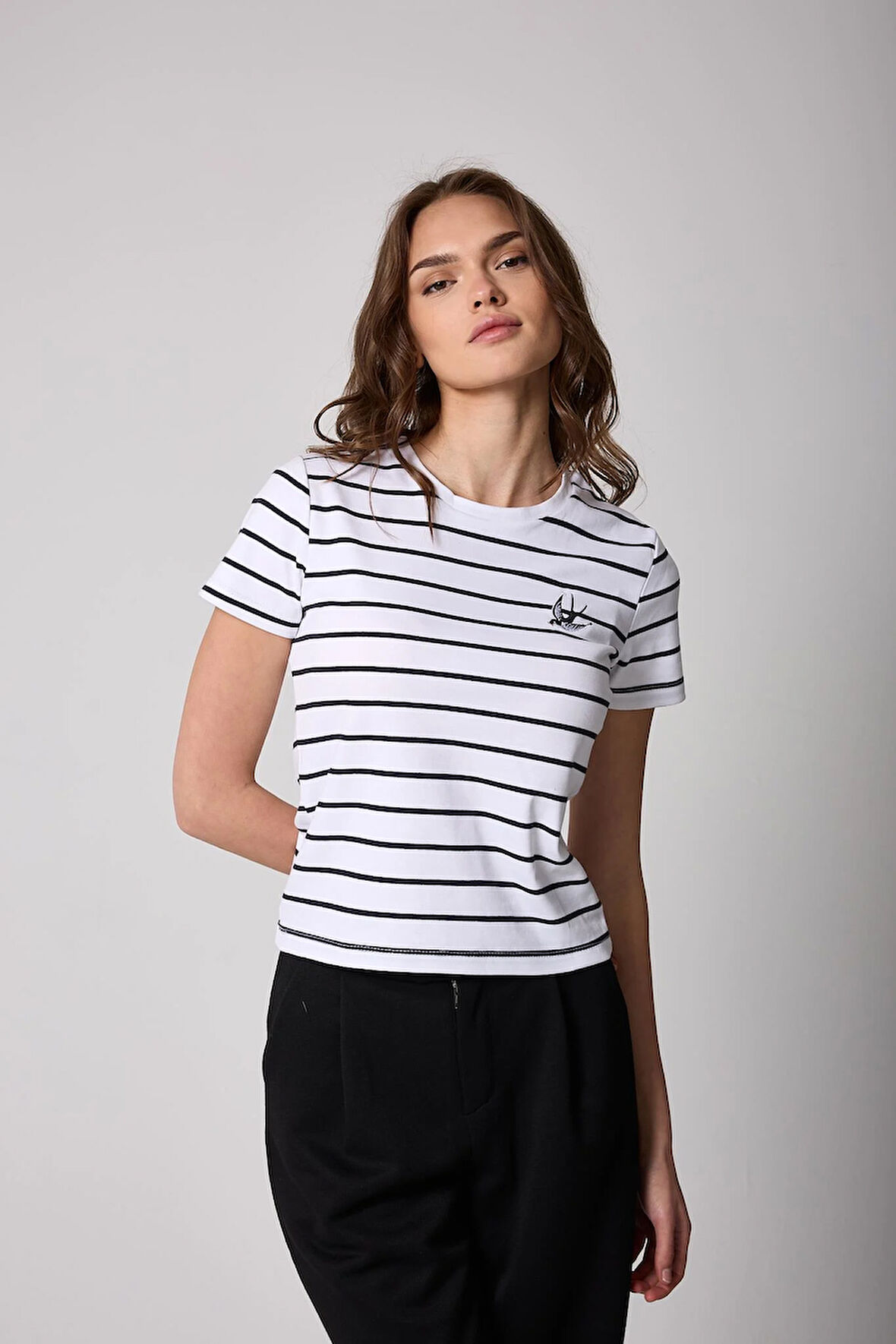 Çizgili Beyaz Kırlangıç Nakış Detaylı Kısa Kollu Kadın T-shirt - 2401