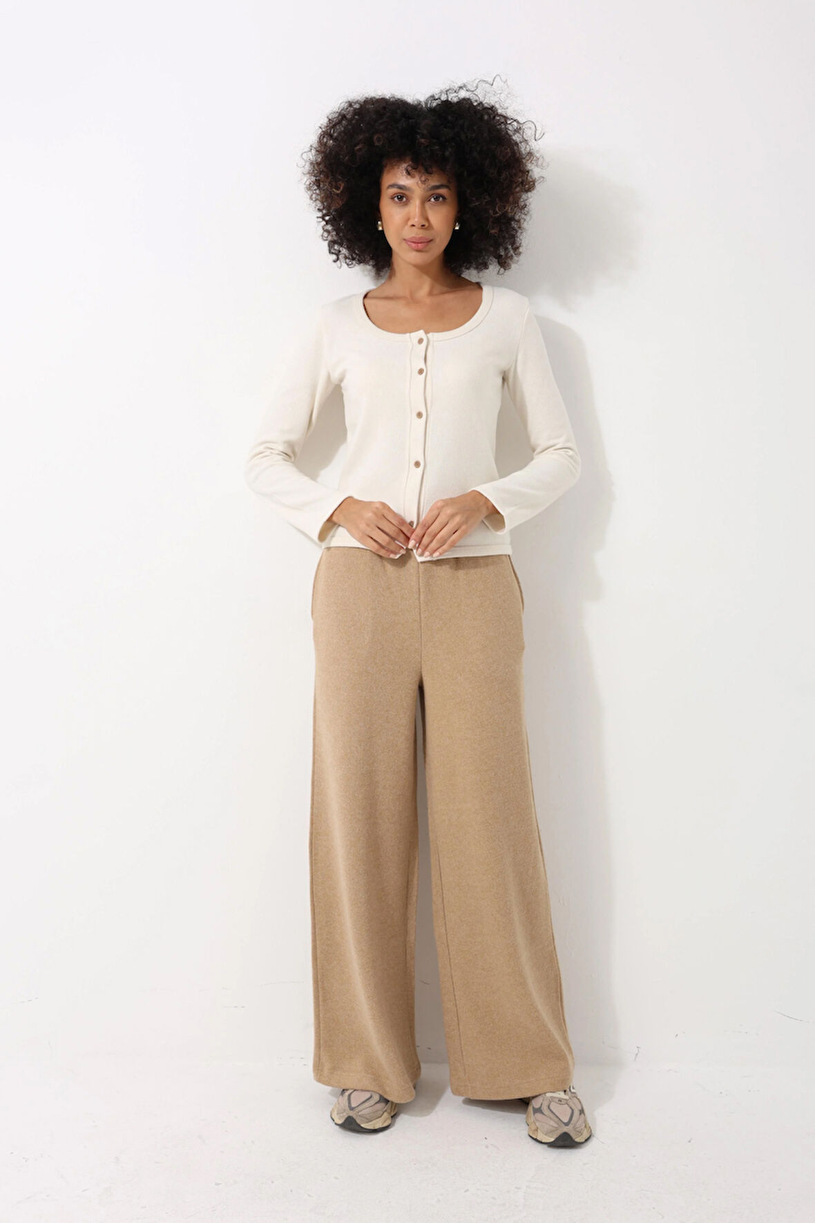 Kamel Yüksek Bel Selanik Kumaş Yumuşak Kadın Bol Paça Pantolon - 2439