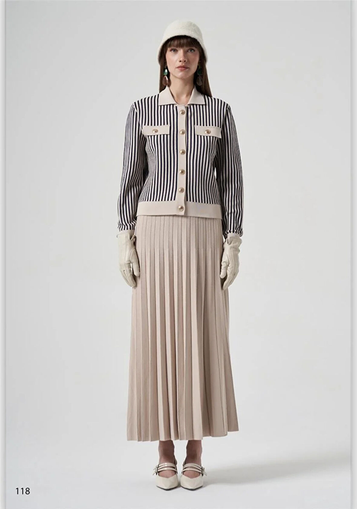 Nuss Kısa Çizgili Hırkalı Takım 1316 Bej