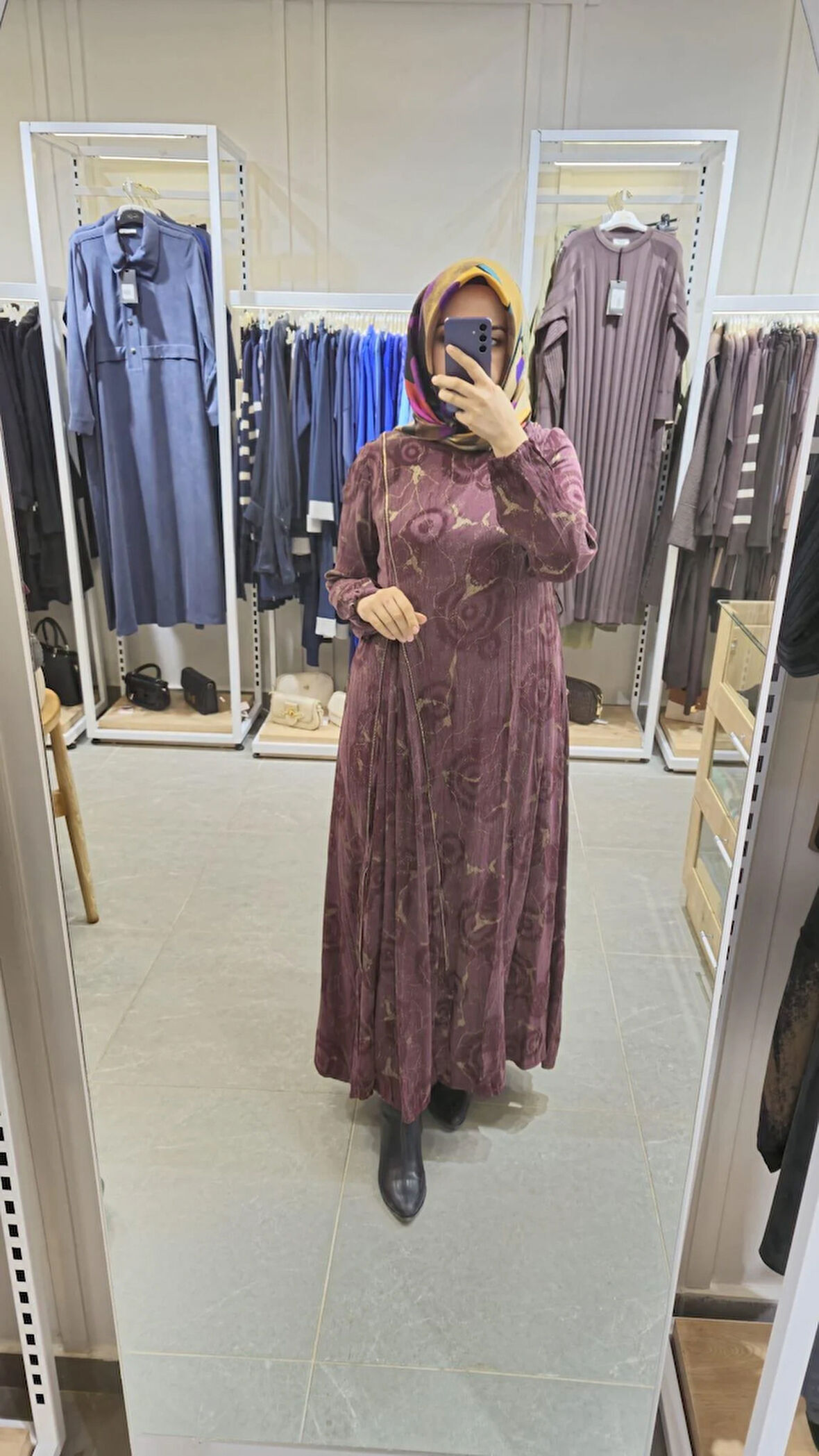 Haki Fermuarlı Jakarlı Cupro Elbise 36802 Bordo