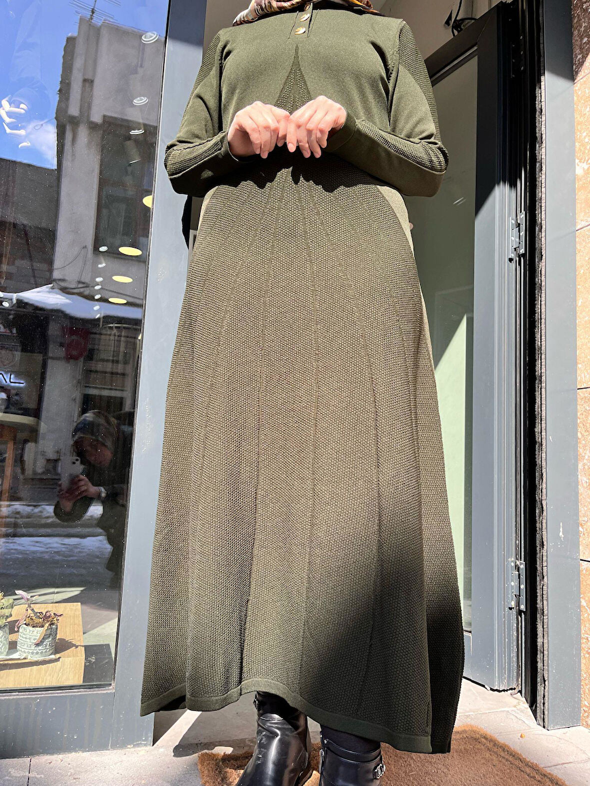 Nuss 1423 Polo Yaka Desenli Triko Elbise Zümrüt