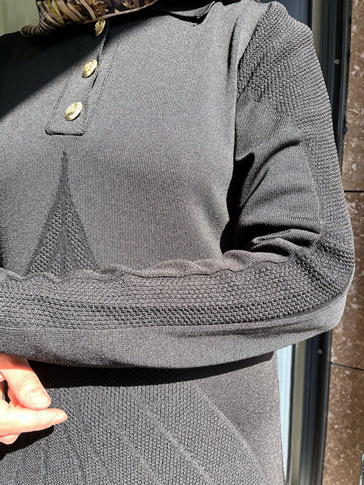 Nuss 1423 Polo Yaka Desenli Triko Elbise Siyah