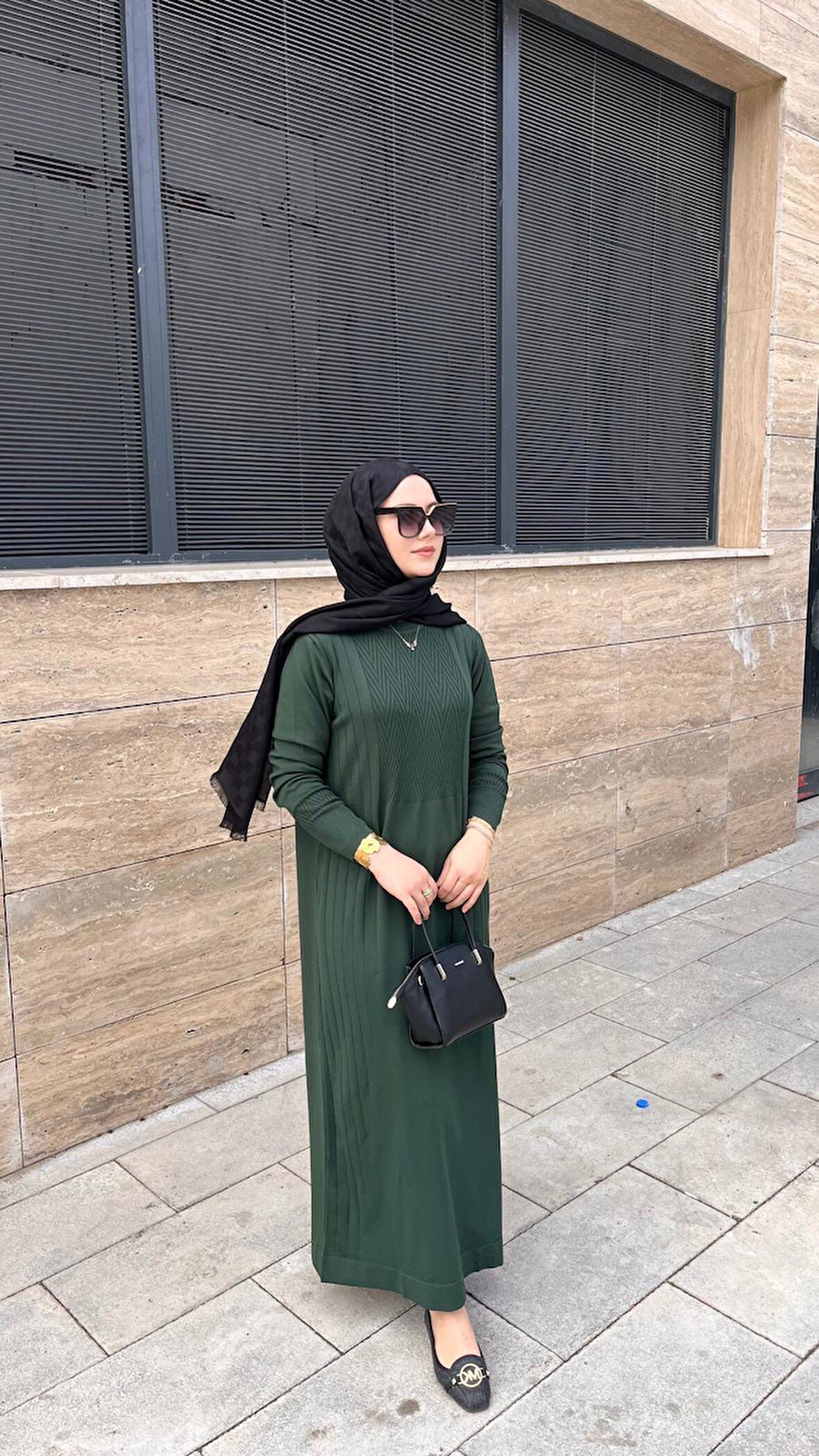 Nuss 509 Desenli Triko Elbise Zümrüt