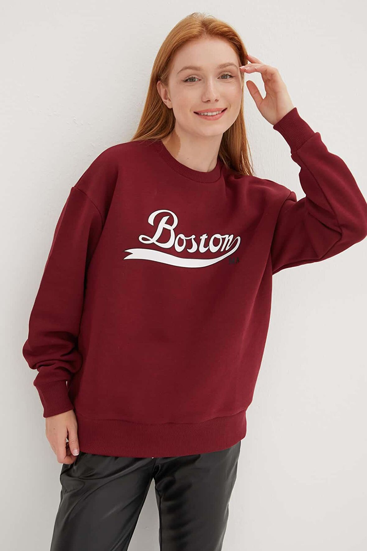 Bisiklet Yaka Baskılı Sweat Bordo