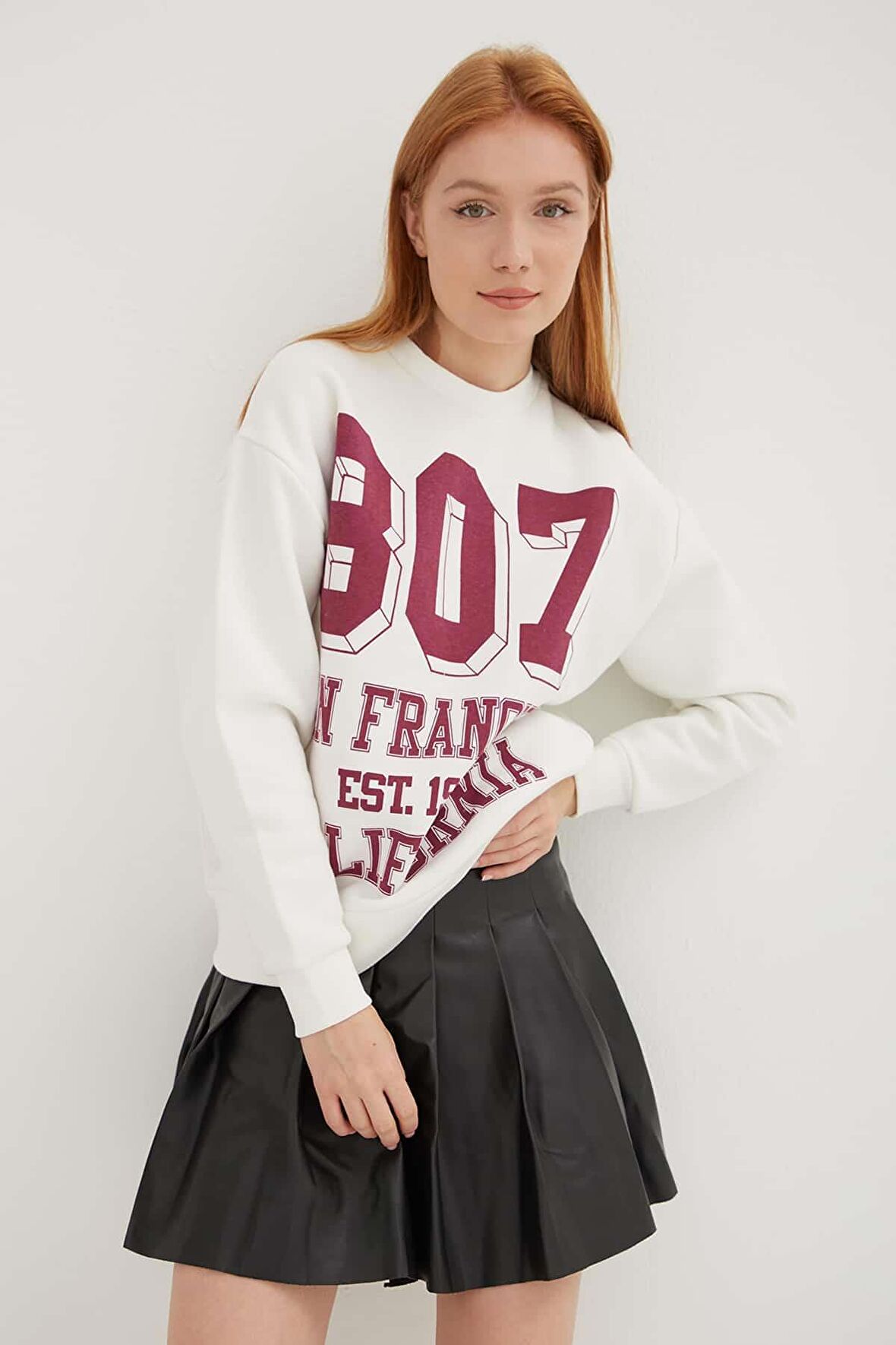 Baskılı Oversize Sweat Ekru