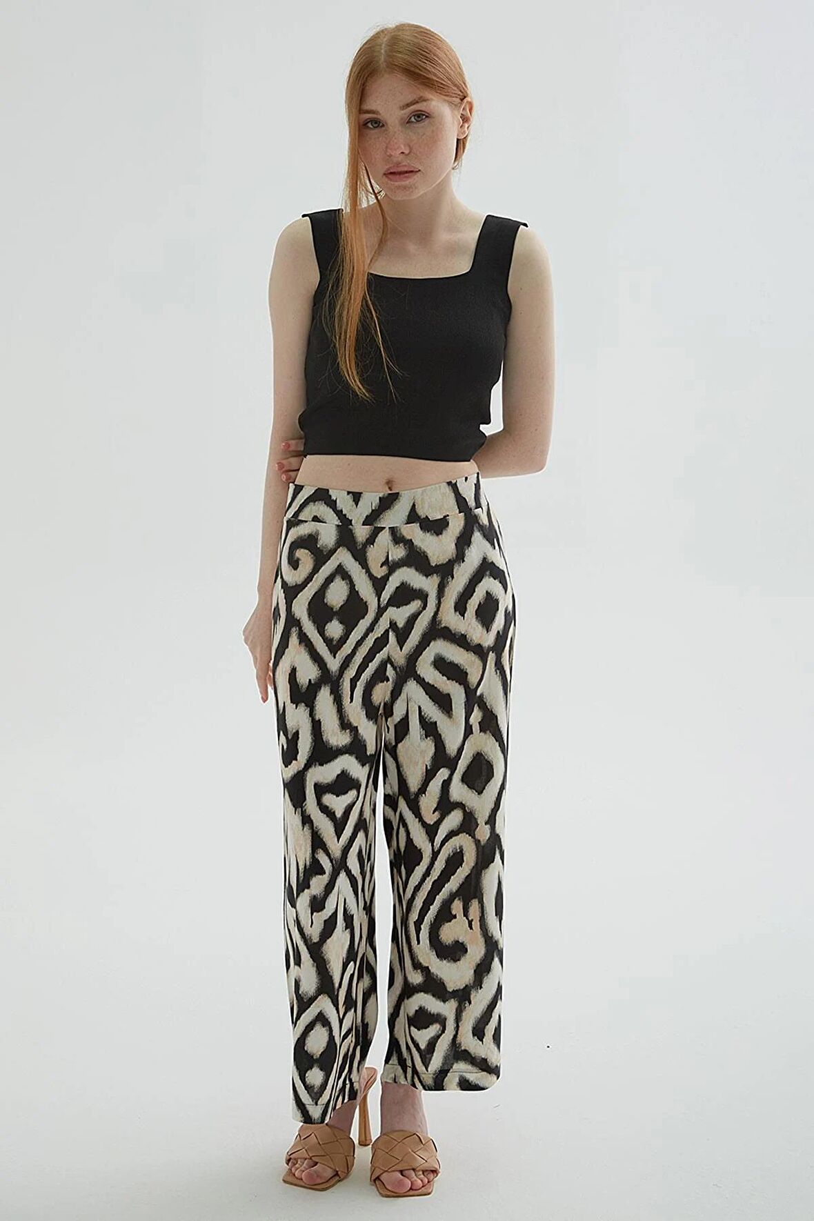 Desenli Crop Pantolon Siyah