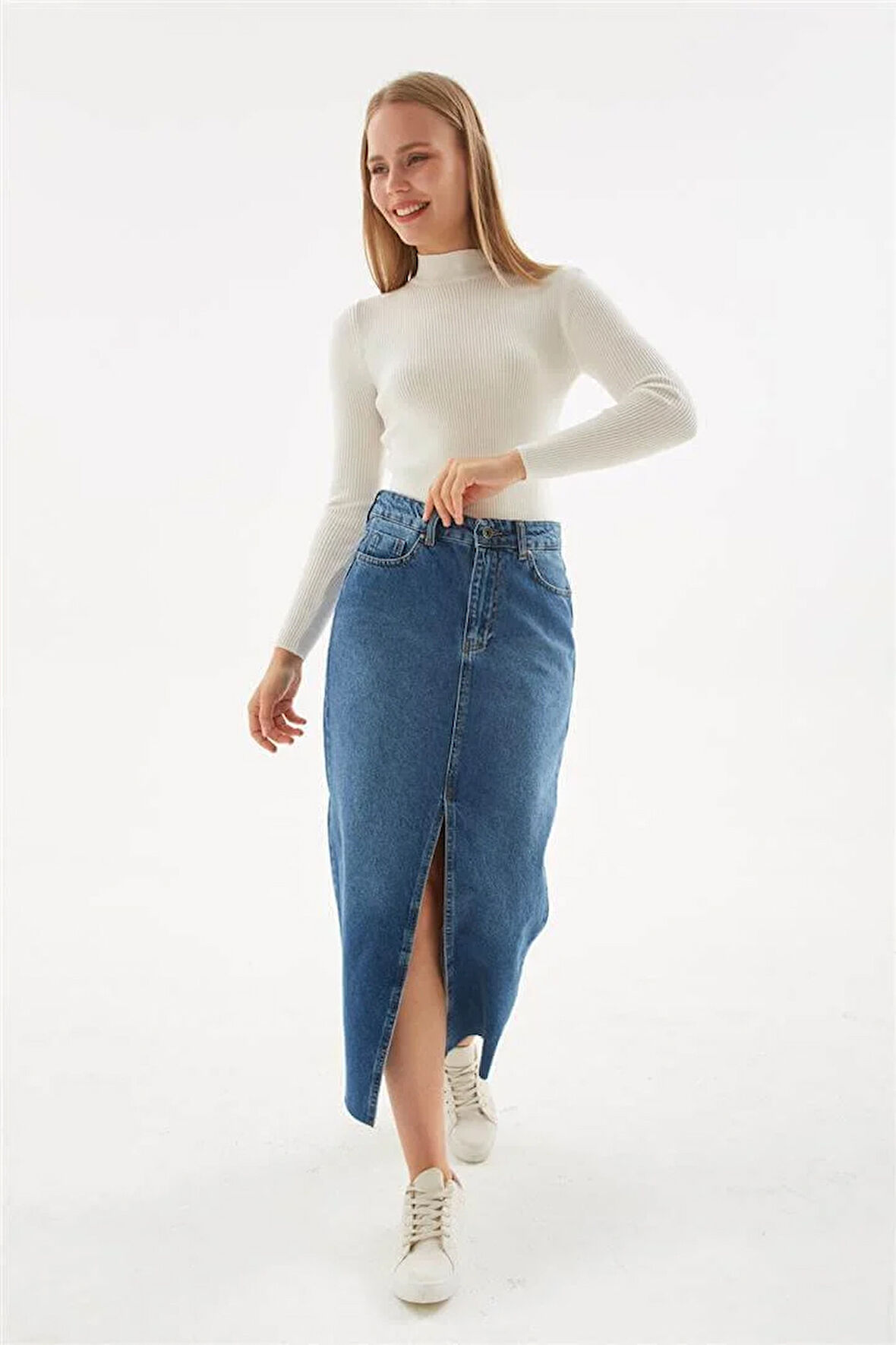 Denim Midi Etek Mavi