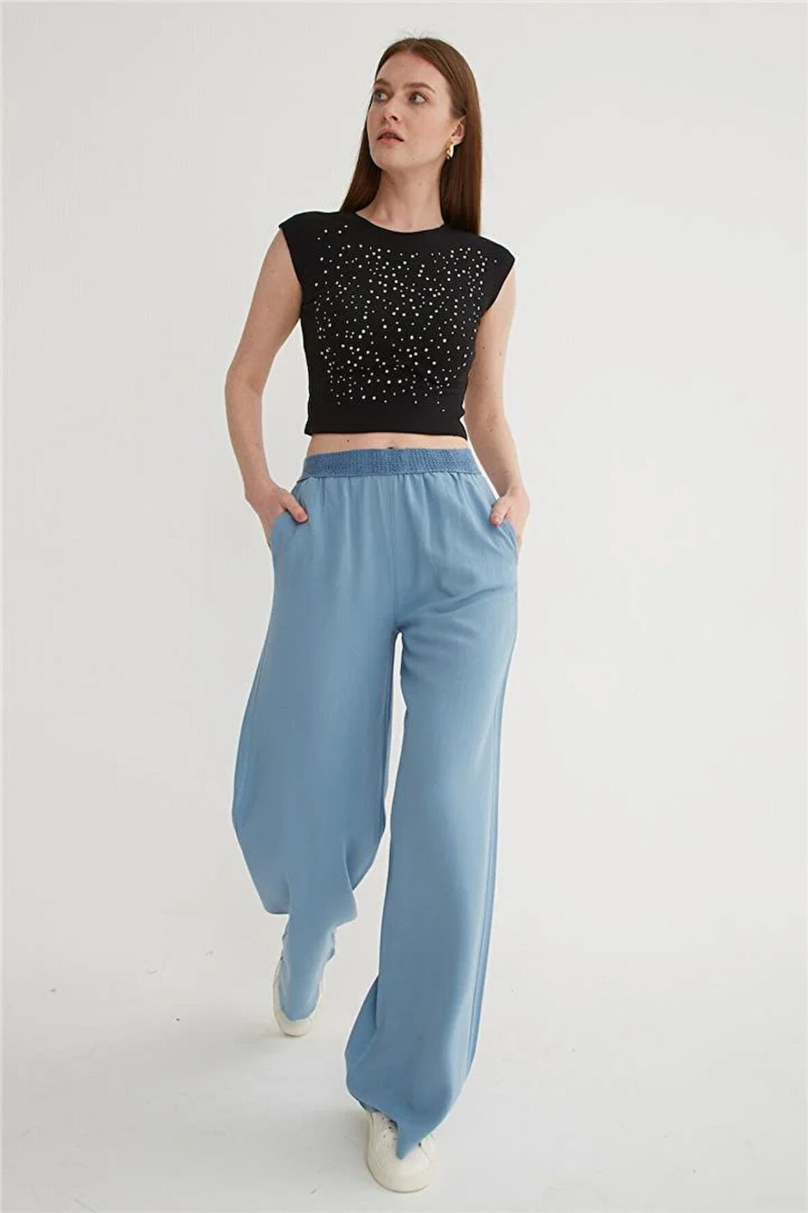 Beli Lastikli Geniş Paça Keten Pantolon Mavi