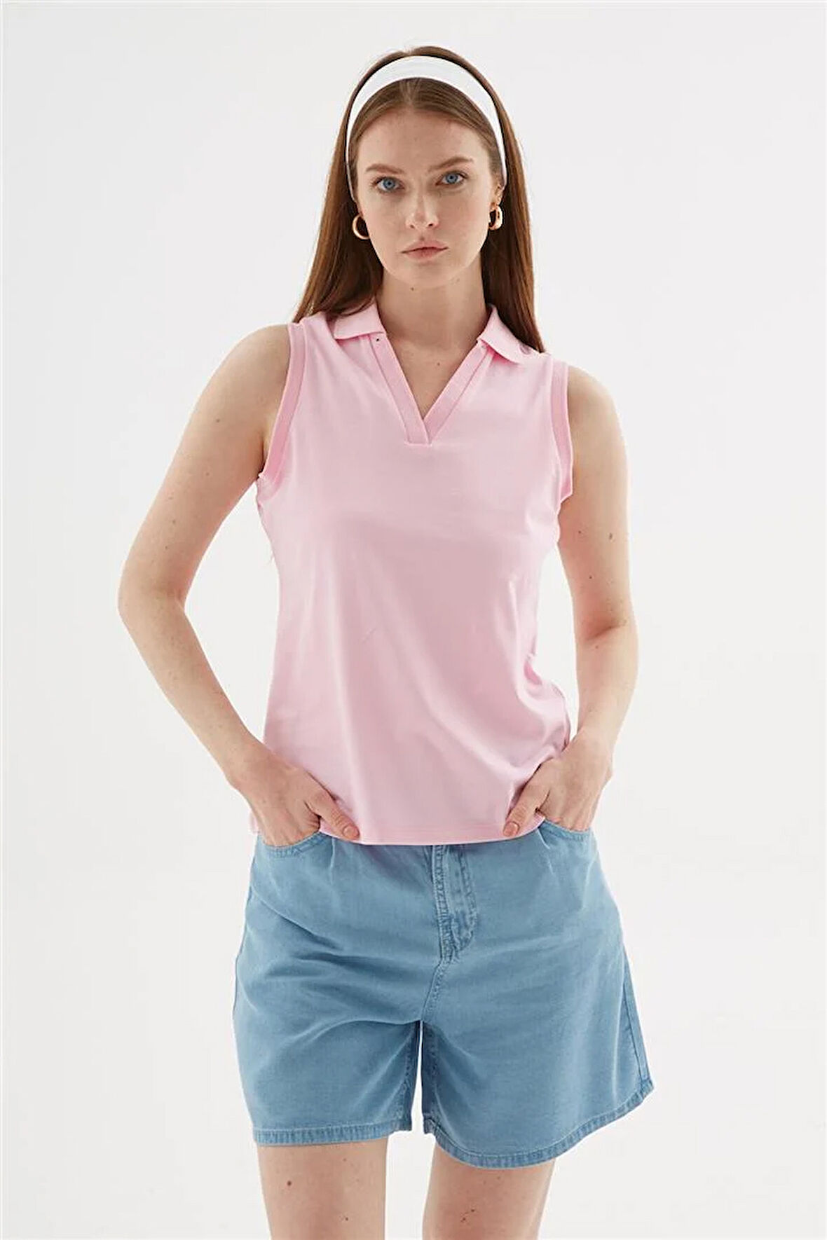 Polo V Yaka Kolsuz Esnek PamukluTişört Pembe
