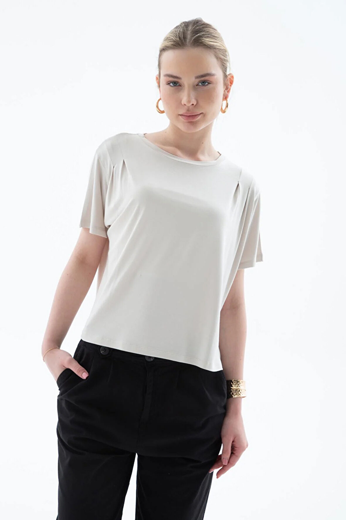 Dökümlü Viskon Crop Bluz Taş