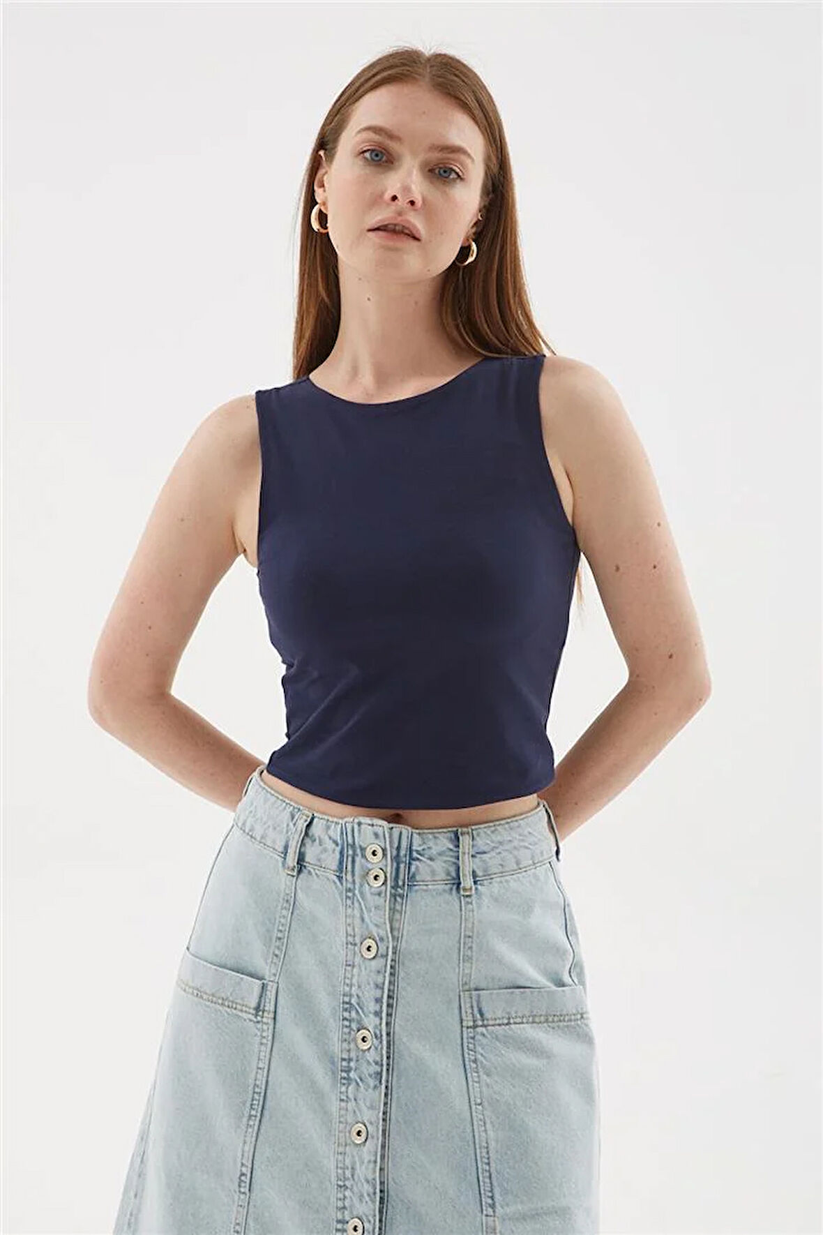 Kolsuz Crop Bluz Lacivert