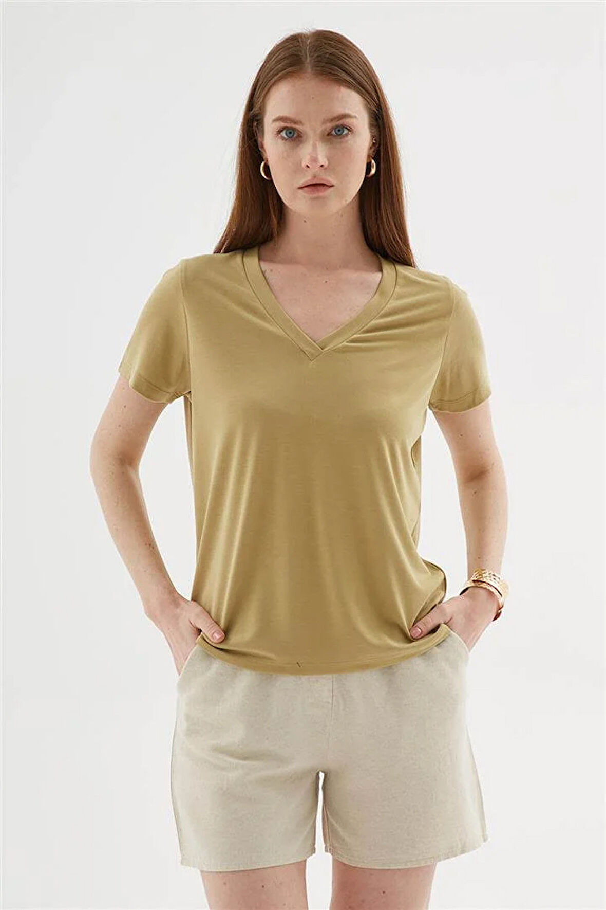 V Yaka Modal Bluz Olive