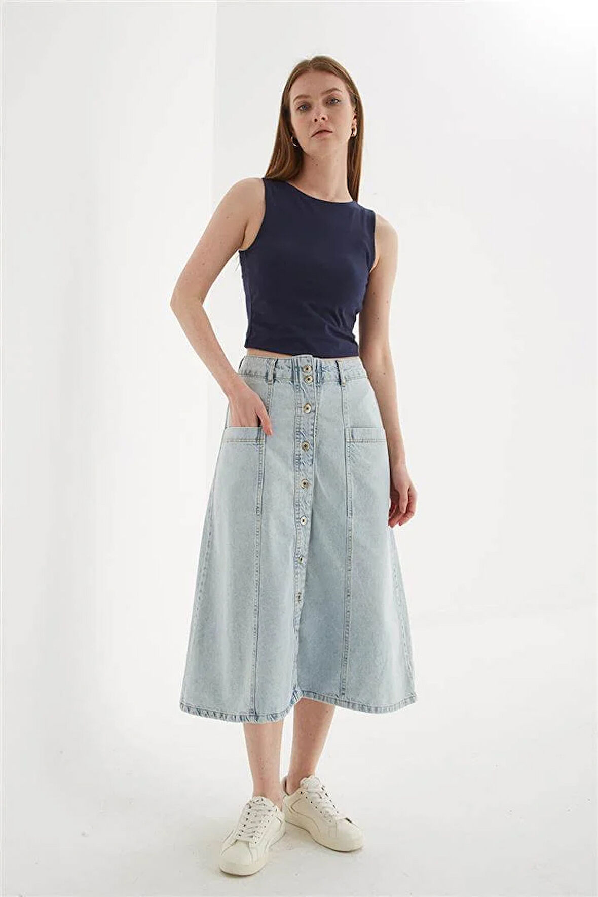 Denim Midi Etek Mavi