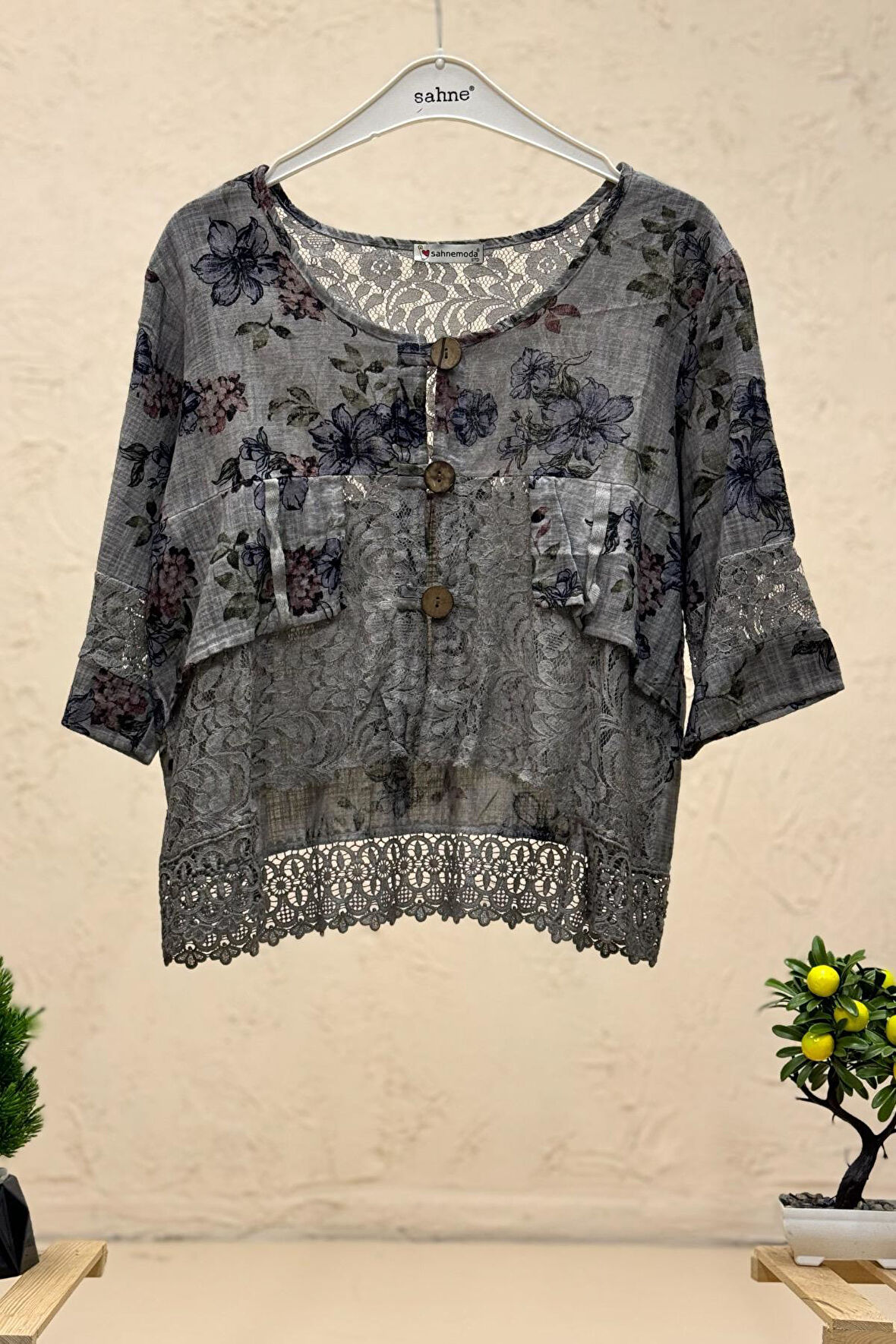 Desenli Yıkamalı Dantelli Pamuk Bolero Ceket