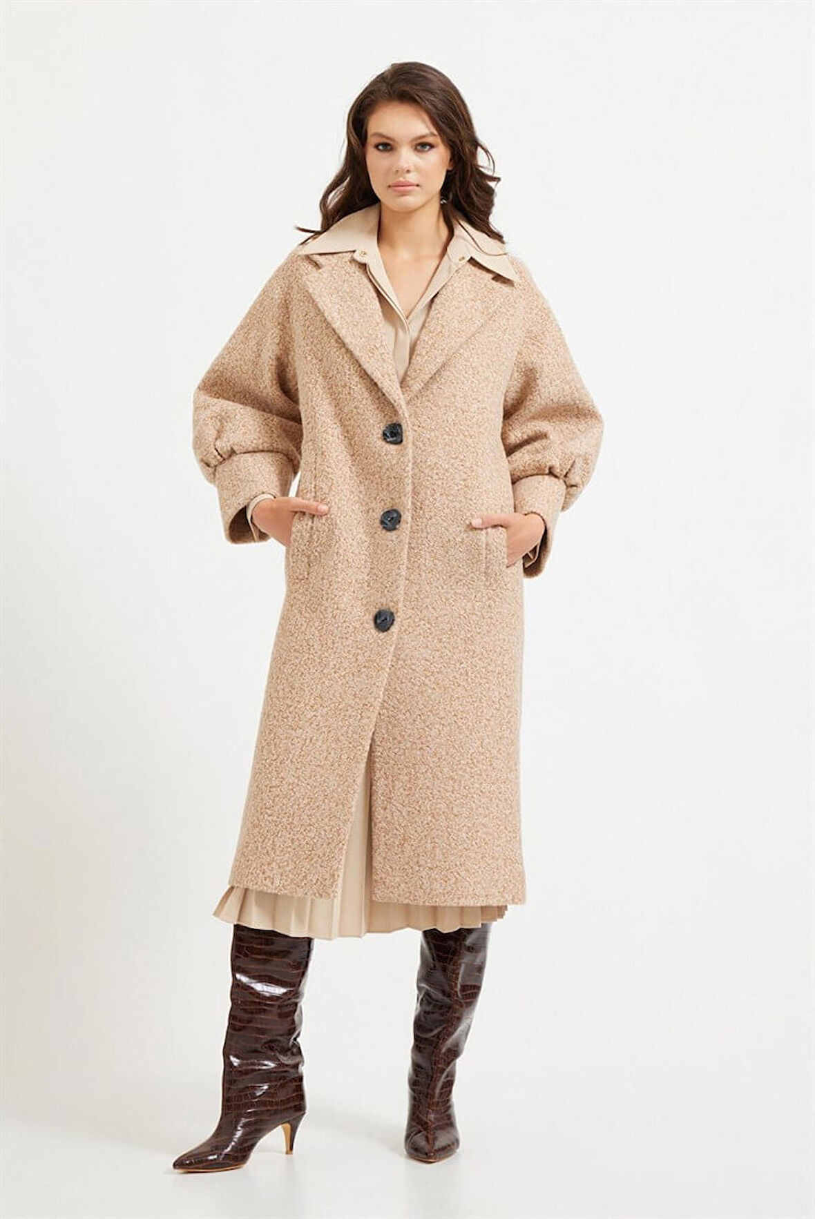 Bej Balon Kollu Uzun Kaban