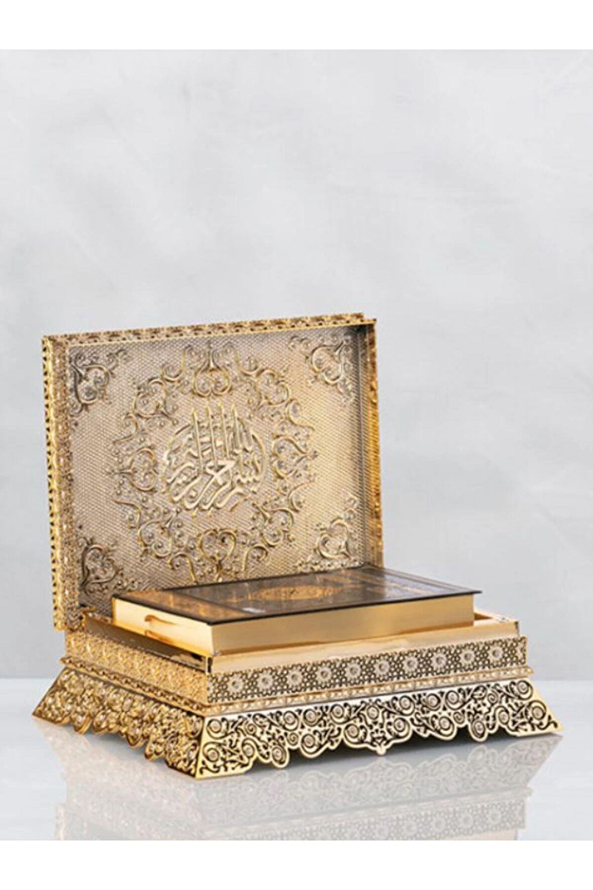 Sandık Model Kur'an Kabı – *Kuran Hediyeli* Altın & Gümüş Renk 29x9 cm Hediyelik Dini Kutu
