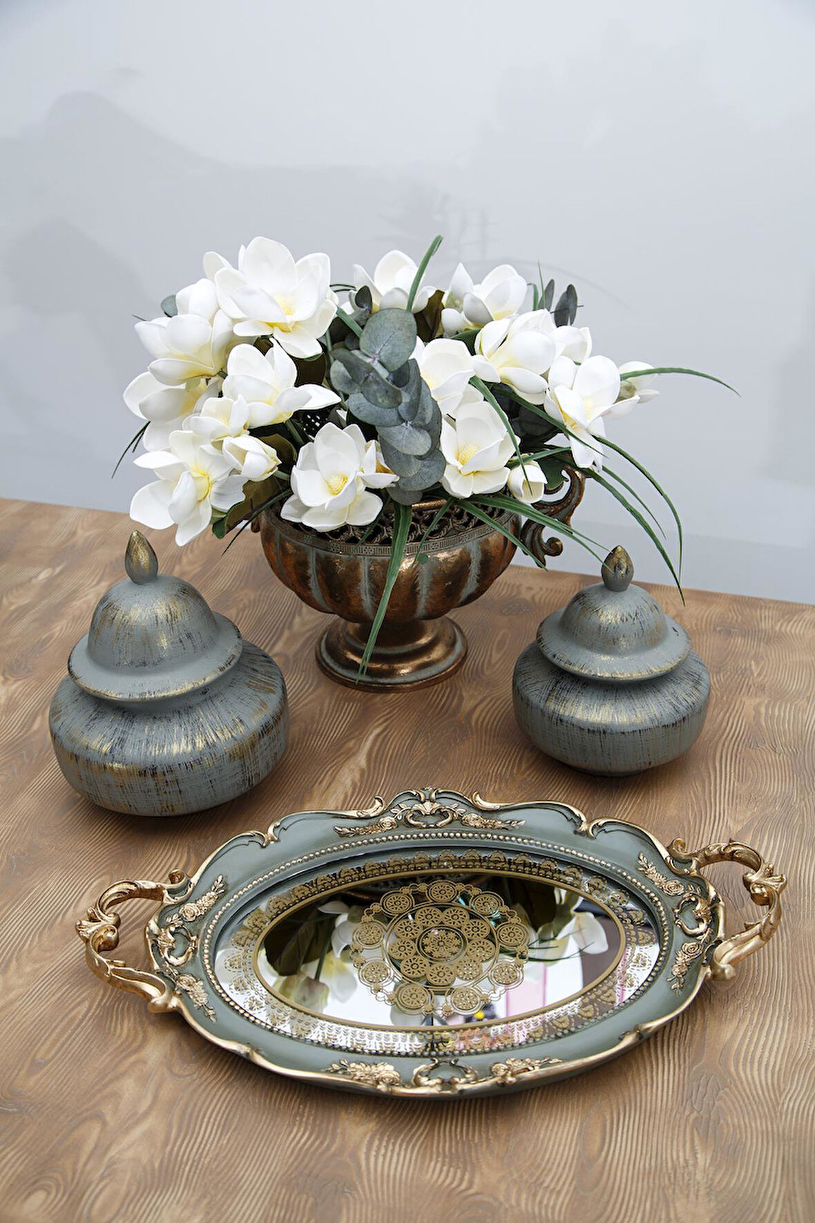 Şık Klasik Oval Aynalı Hediyelik Nişan Sunum Tepsisi